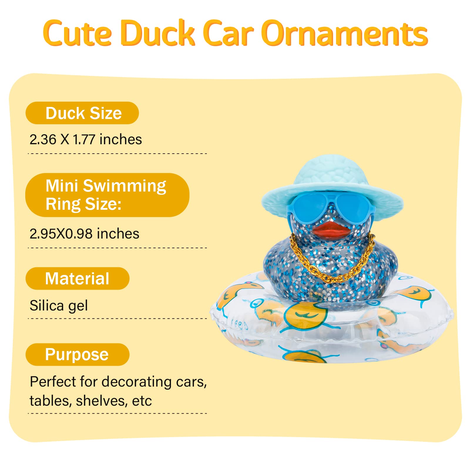 Wonuu Shining Rubber Ducks With Plastic Sunglasses Swim Ring Necklace Hat, Glittering Cute Car Accessories Car Decor Dashboard D