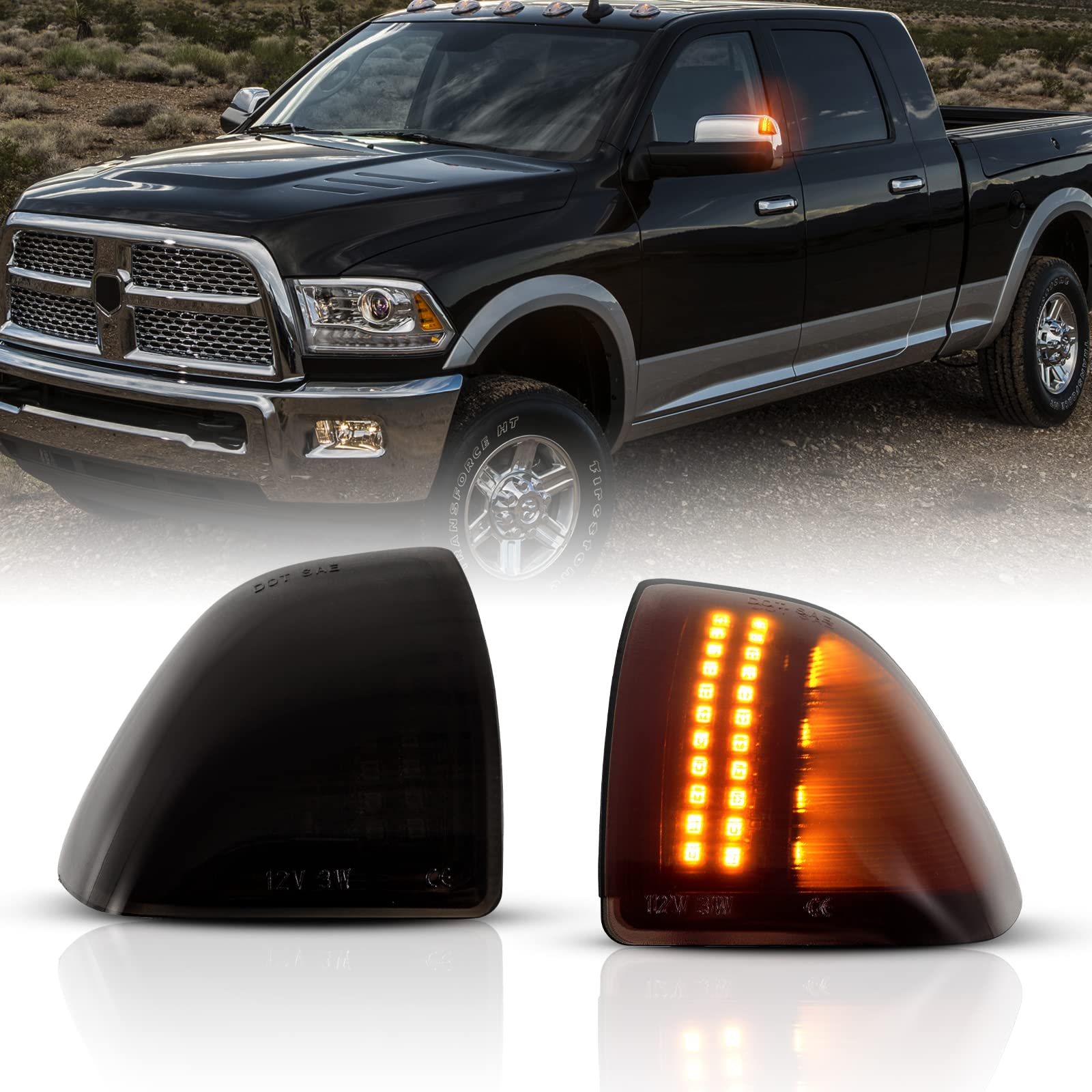 Gempro Led Side Mirror Turn Signal Light For 2010-2018 Dodge Ram 1500 2500 3500 4500 5500 Tow Mirror Lamp Smoked Len 68302828Aa