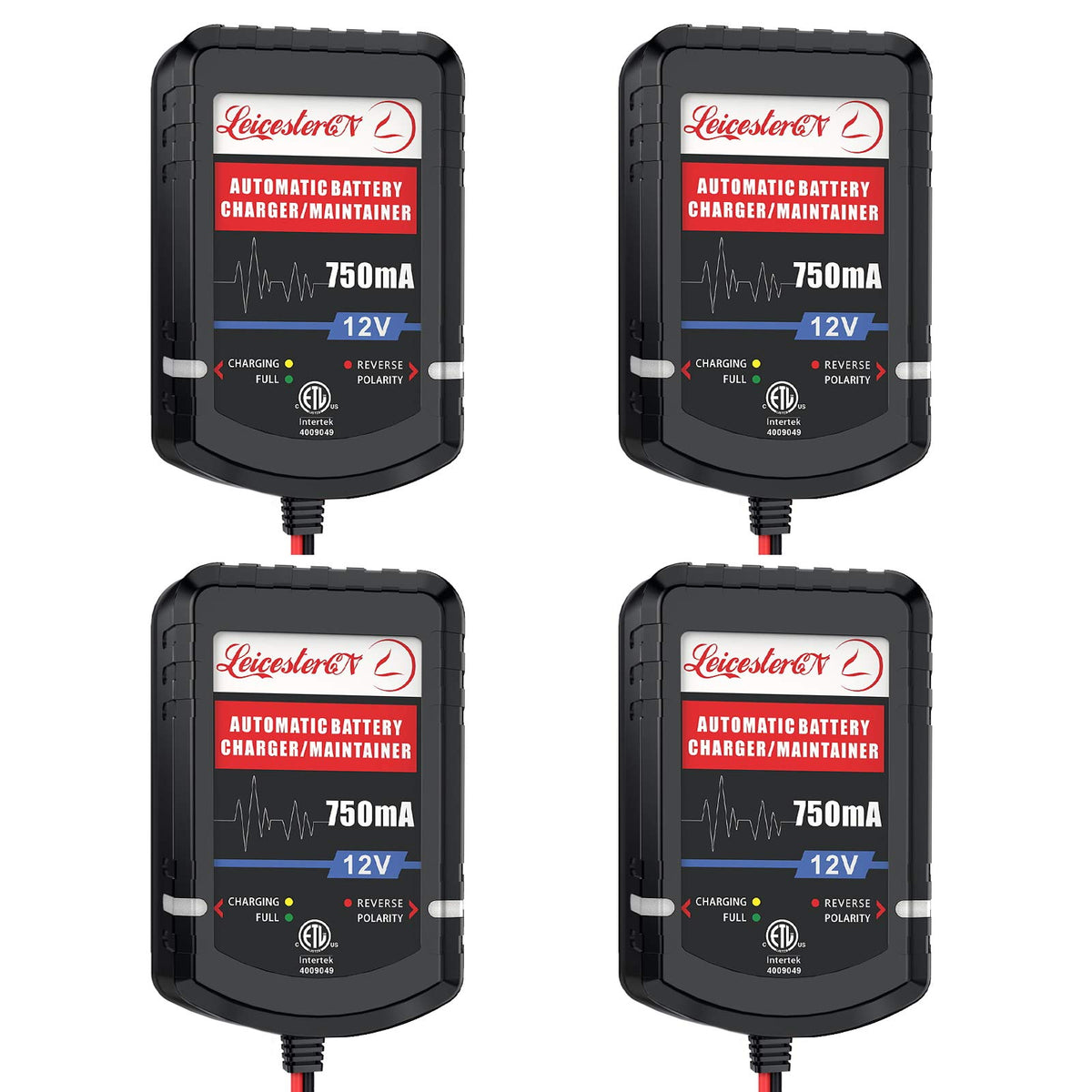 [4-Pack] LEICESTERCN Automatic Trickle Battery Charger Maintainer 12V 750mA Smart Float Charger for Car Motorcycle Lawn Mower Tr