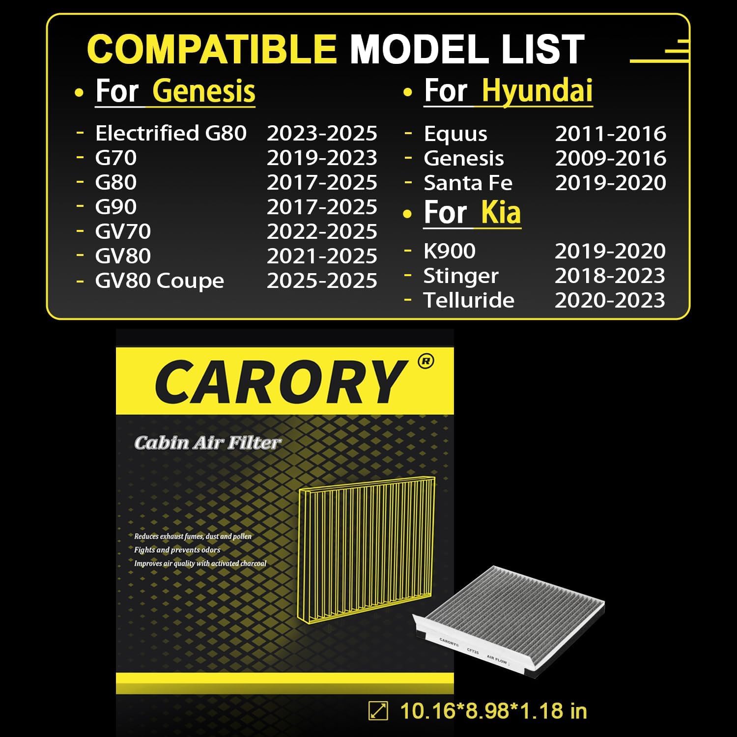 CARORY Cabin Air Filter w/Activated Carbon for Hyundai Santa Fe 19-20, Genesis 09-16, Kia Telluride 20-23, Stinger 18-23, Genesi
