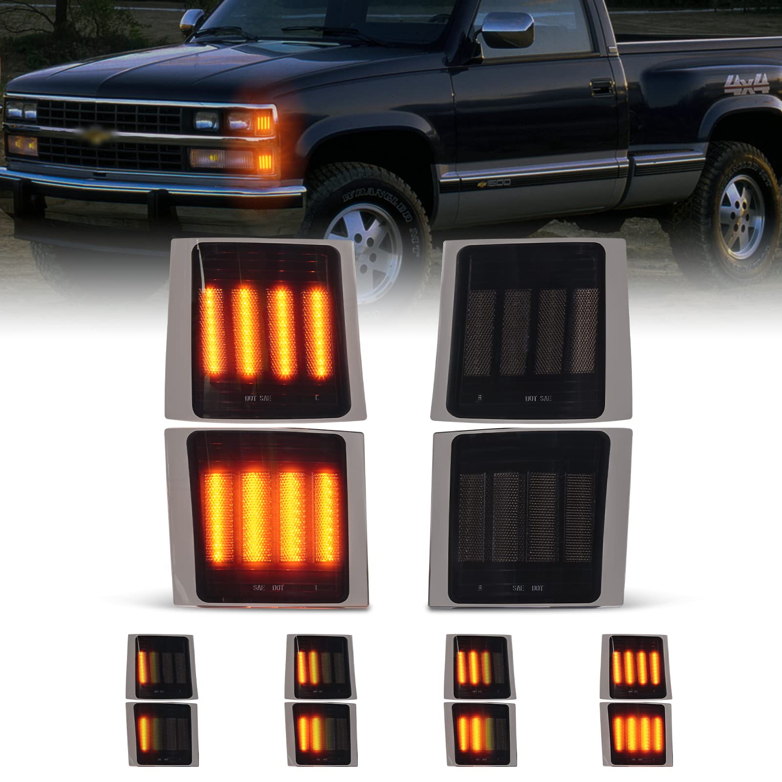 Popmotorz 4 Pack Led Front Corner Light Side Marker Signal Lamps Assembly Kit For Chevy C/K Series 1500 2500 3500 Chevy Tahoe/Chevy Suburban/Chevrolet Silverado 1994-1998 Pickup Truck Smoked Len