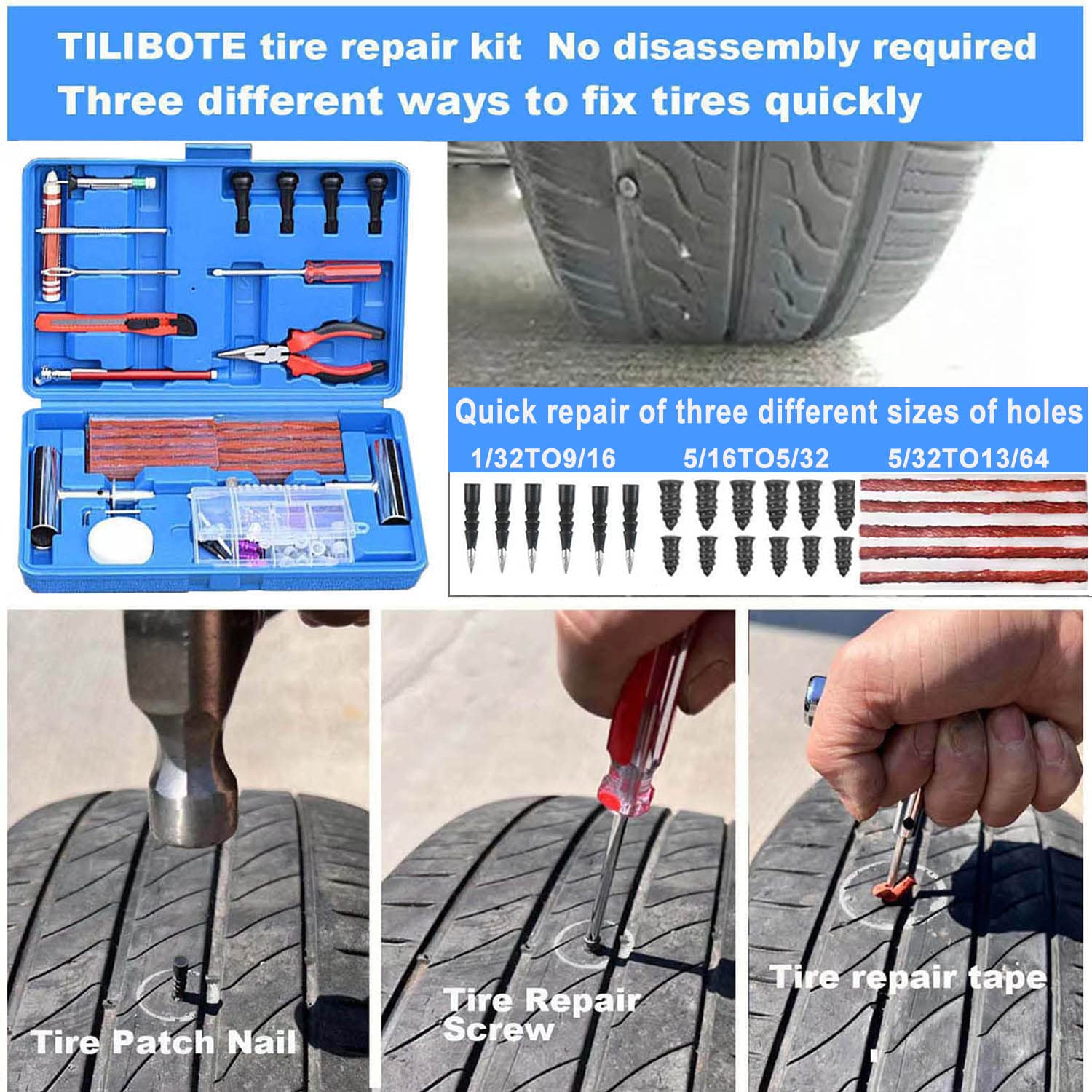TILIBOTE Tire Repair Kit,117pcs Heavy Duty Tire Plug Kit,with Universal Tire Patch Kit to Plug Flats for Car/Motorcycle/Truck/Tr