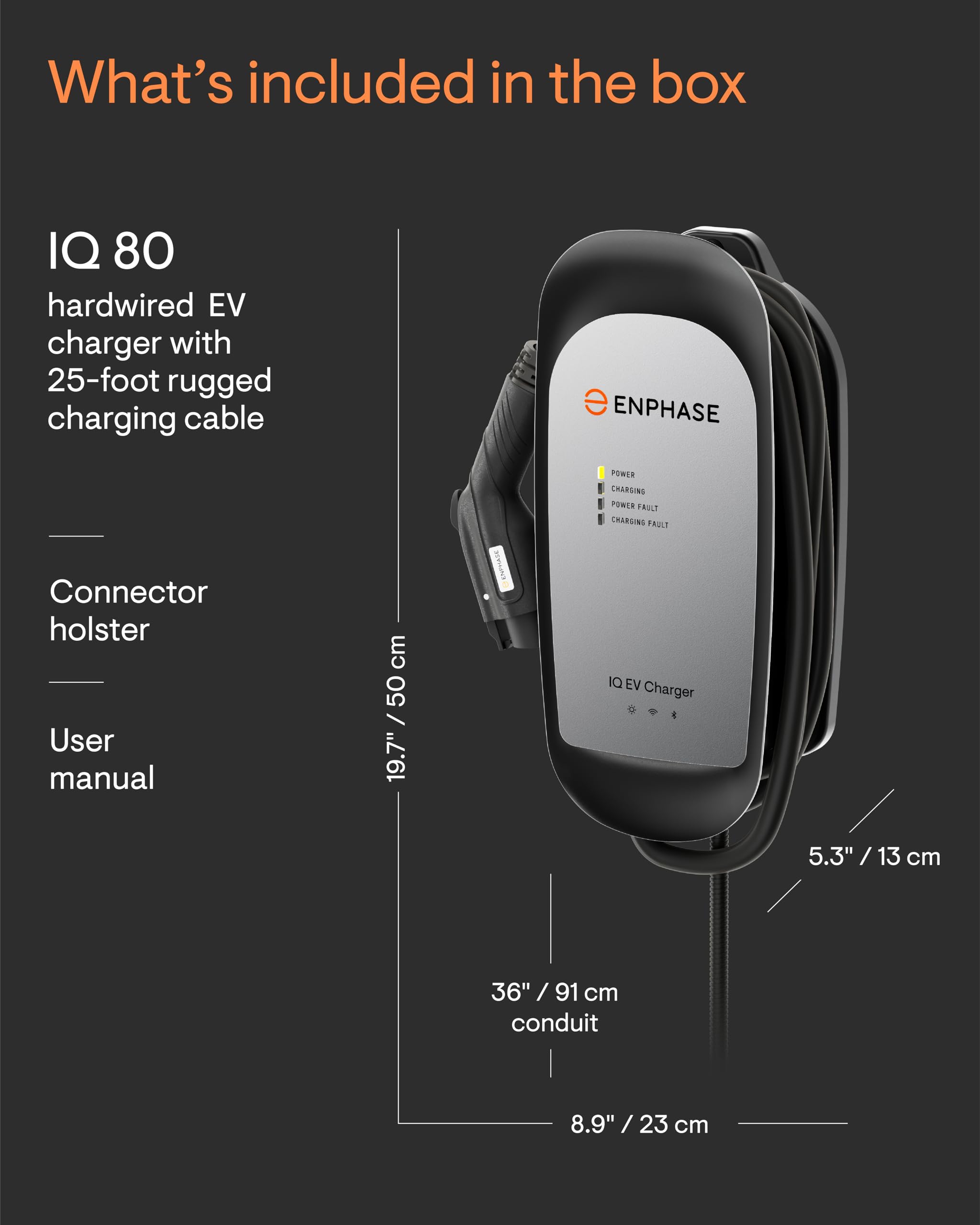 64 Amp Smart EV Charger - Enphase IQ 80, Hardwired, 15.4kW Power, 240V, Wi-Fi Connected, Safety Certified, 25ft Cable & Ruggediz