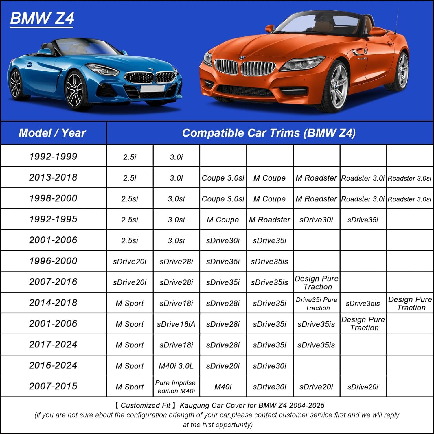 Car Cover Waterproof Custom Fit BMW Z4 (1996-2025), Full Exterior Cover for Automobiles Lightweight Resistant Outdoor Sun UV Rai