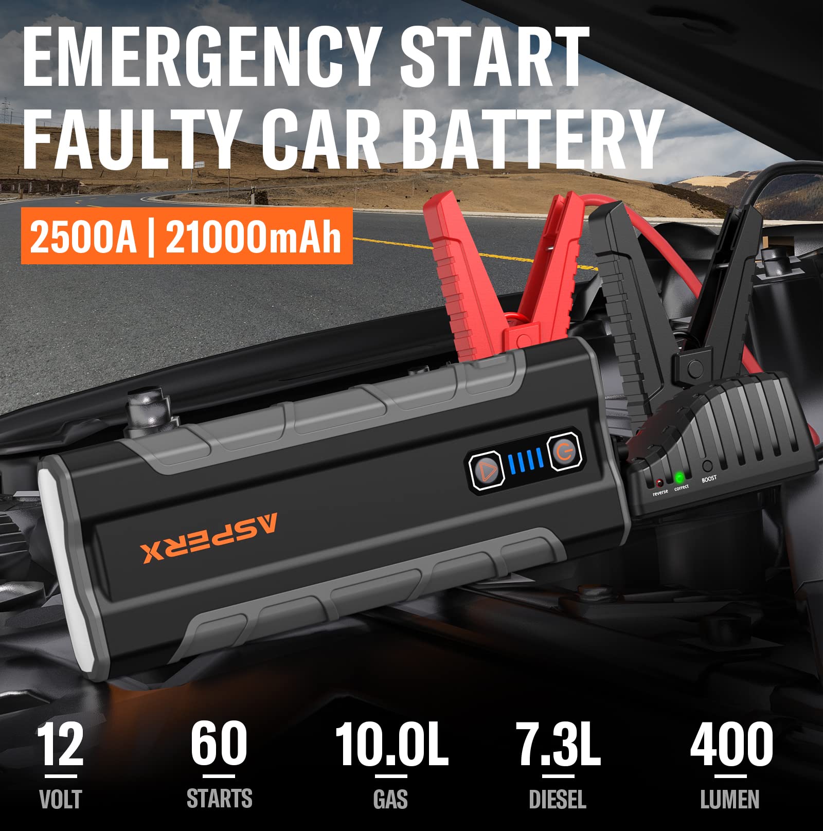 Asperx Car Jump Starter, 2500A Peak Battery Starter For 10L Gas Or 7.3L Diesel Engines, 12V Auto Battery Booster, Lithium Jump B