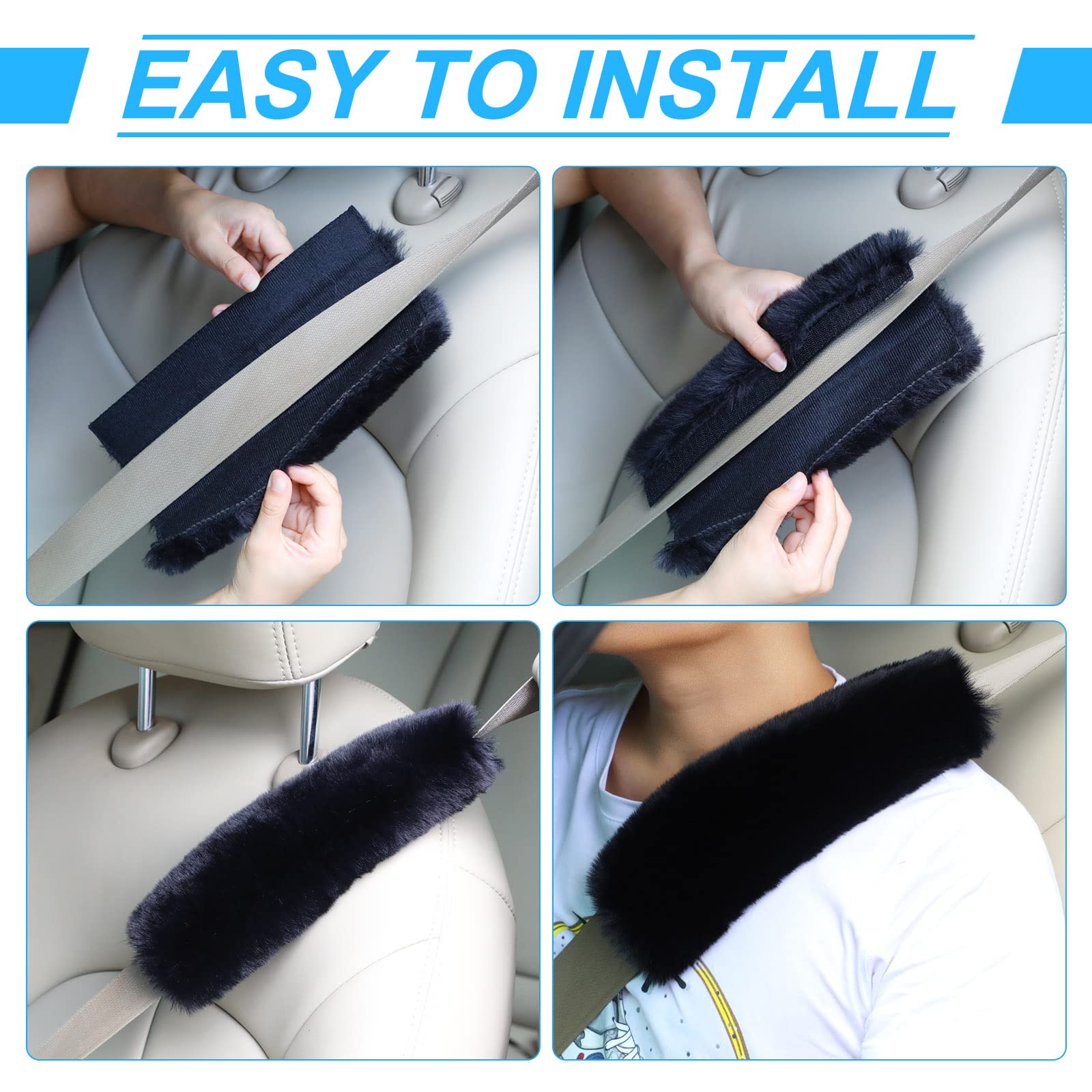 Boao 4 Pack Faux Sheepskin Car Seat Belt Pads Seatbelt Protector Soft Seat Belt Shoulder Strap Cover Comfort Harness Pad(Charcoa