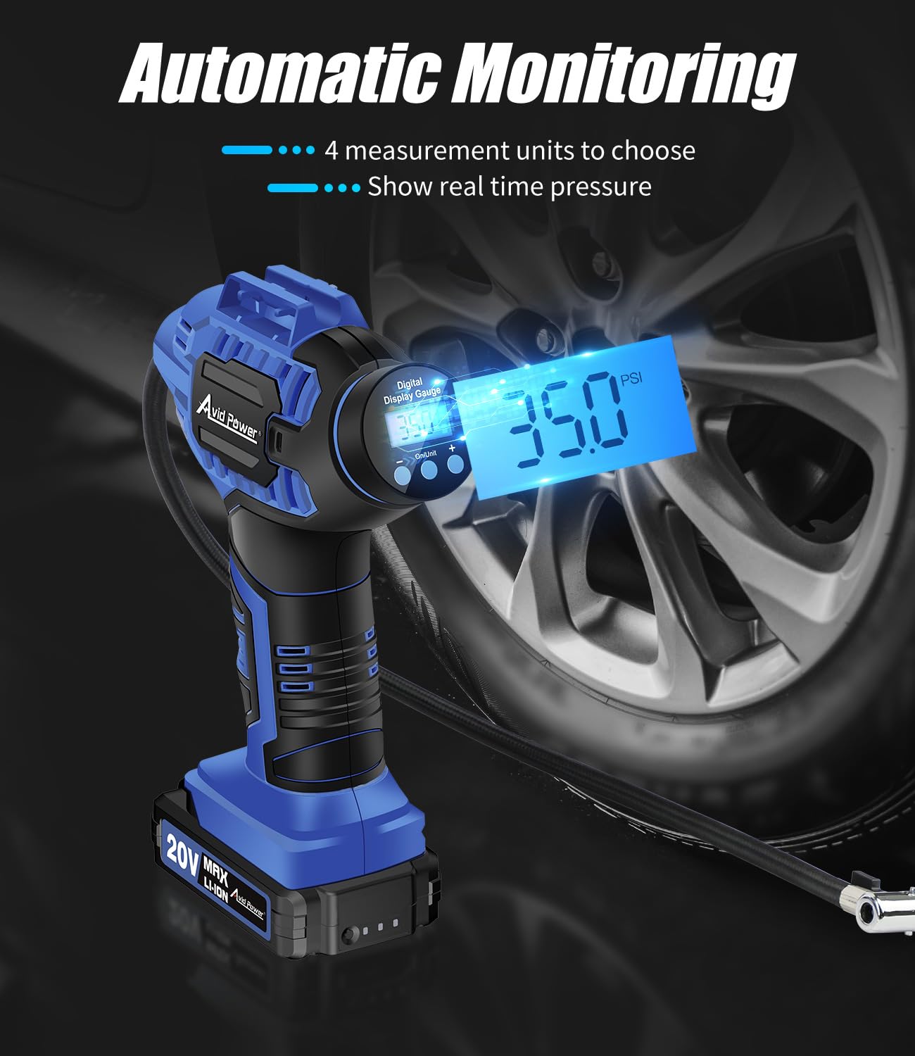Avid Power Tire Inflator , Car Air Compressor , 20V Cordless With Rechargeable Li-Ion Battery , 12V Car Power Adapter , Digital
