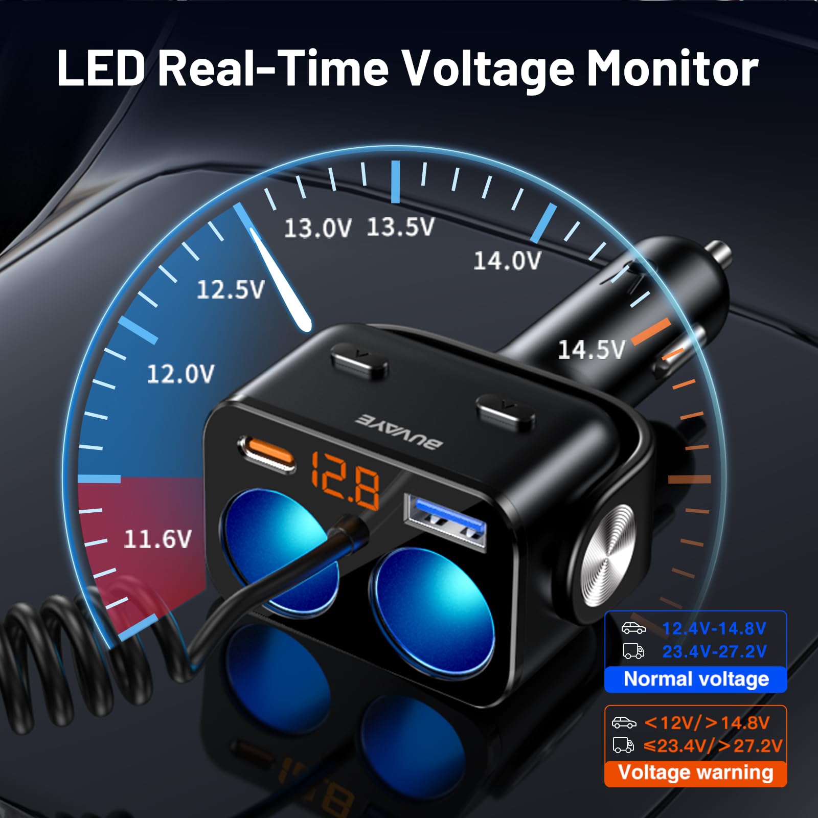 5 In 1 Cigarette Lighter Splitter With 5Ft Coiled Cable, 2-Socket Cigarette Lighter Adapter, Dual Car Charger Splitter, 12V/24V