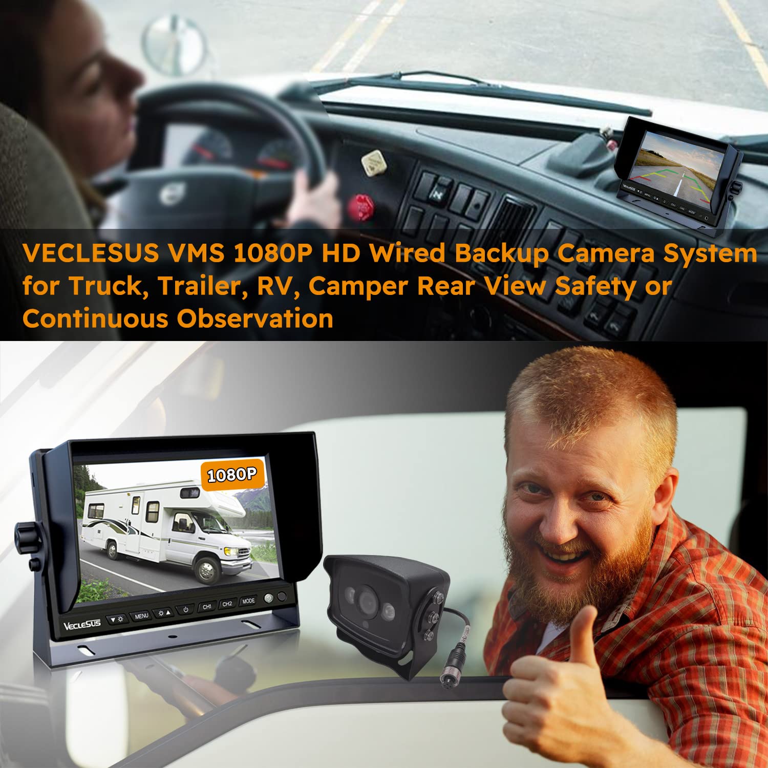 Backup Camera System Vms 1080P High Definition Wired 2 Videos 7'' Wide In-Plane Switching Monitor Night Vision Backup Camera For