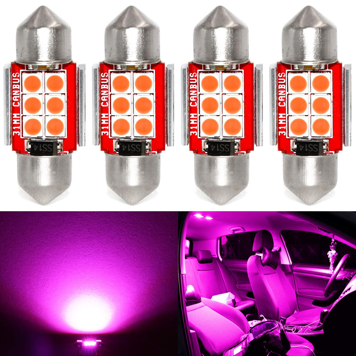 Phinlion Super Bright De3175 Led Purple Bulb 3030 6-Smd Festoon 1.25 31Mm De3021 De3022 Miniature Led Bulbs For Car Interior Map Dome Trunk Courtesy Light, Pack Of 4