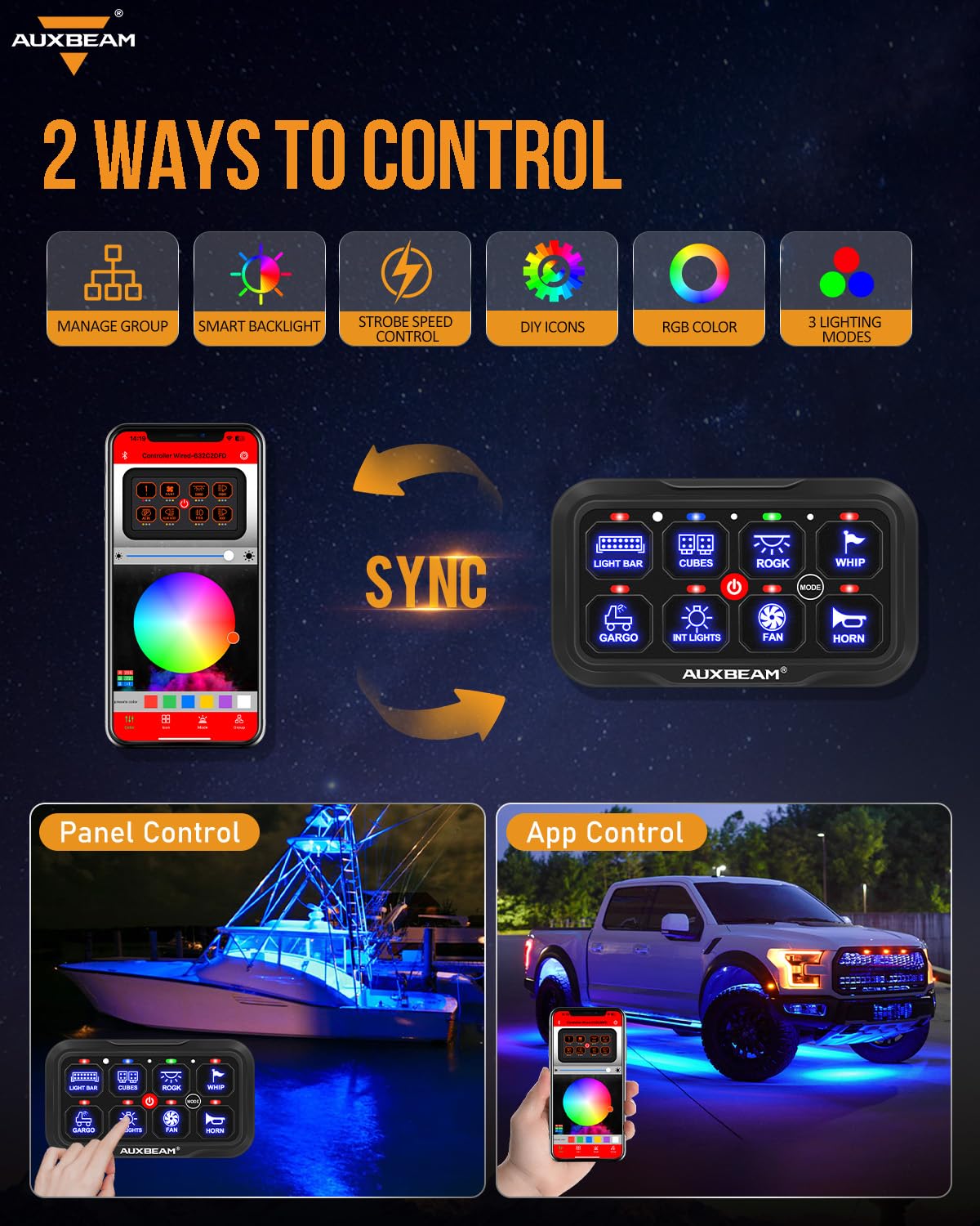 Auxbeam 8 Gang Switch Panel Bluetooth Ar-800 Rgb Switch Pod With Backlit Off Toggle Momentary Pulsed Auxiliary Switch Panel For