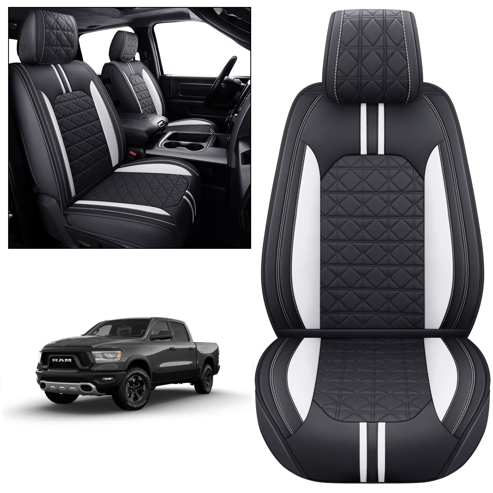 Yiertai Truck Seat Covers For Dodge Ram Fit 2009-2025 1500 2500 3500Hd Limited Laramie Classic Bighorn Longhorn Crew Double Quad Cab Mega Cab Waterproof Leather(2 Pcs Front Only/Black-White)