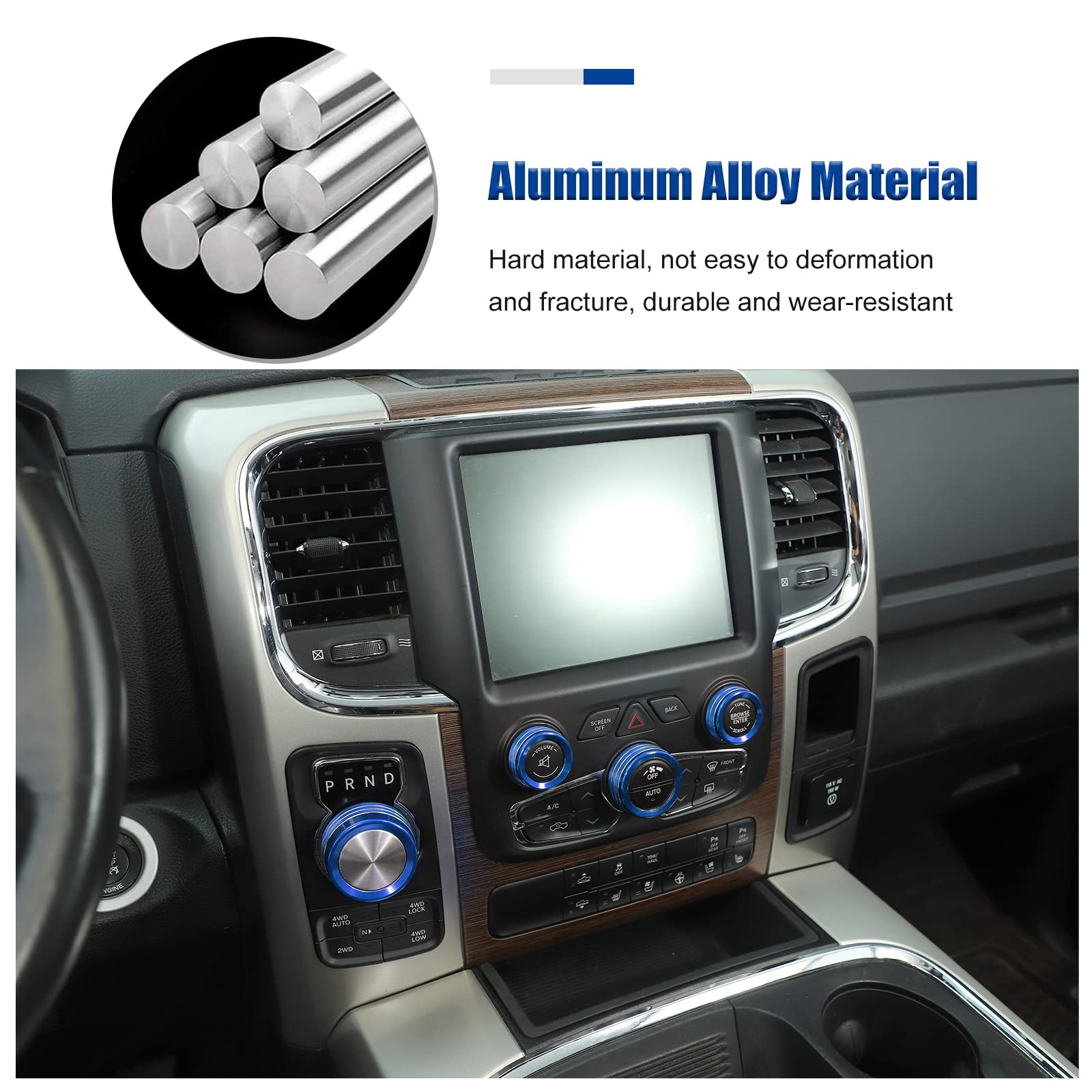 Voodonala for Dodge RAM Air Conditioner Headlight Switch CD Knob Trim for 2013-2017 Dodge RAM Aluminum 5pcs Blue