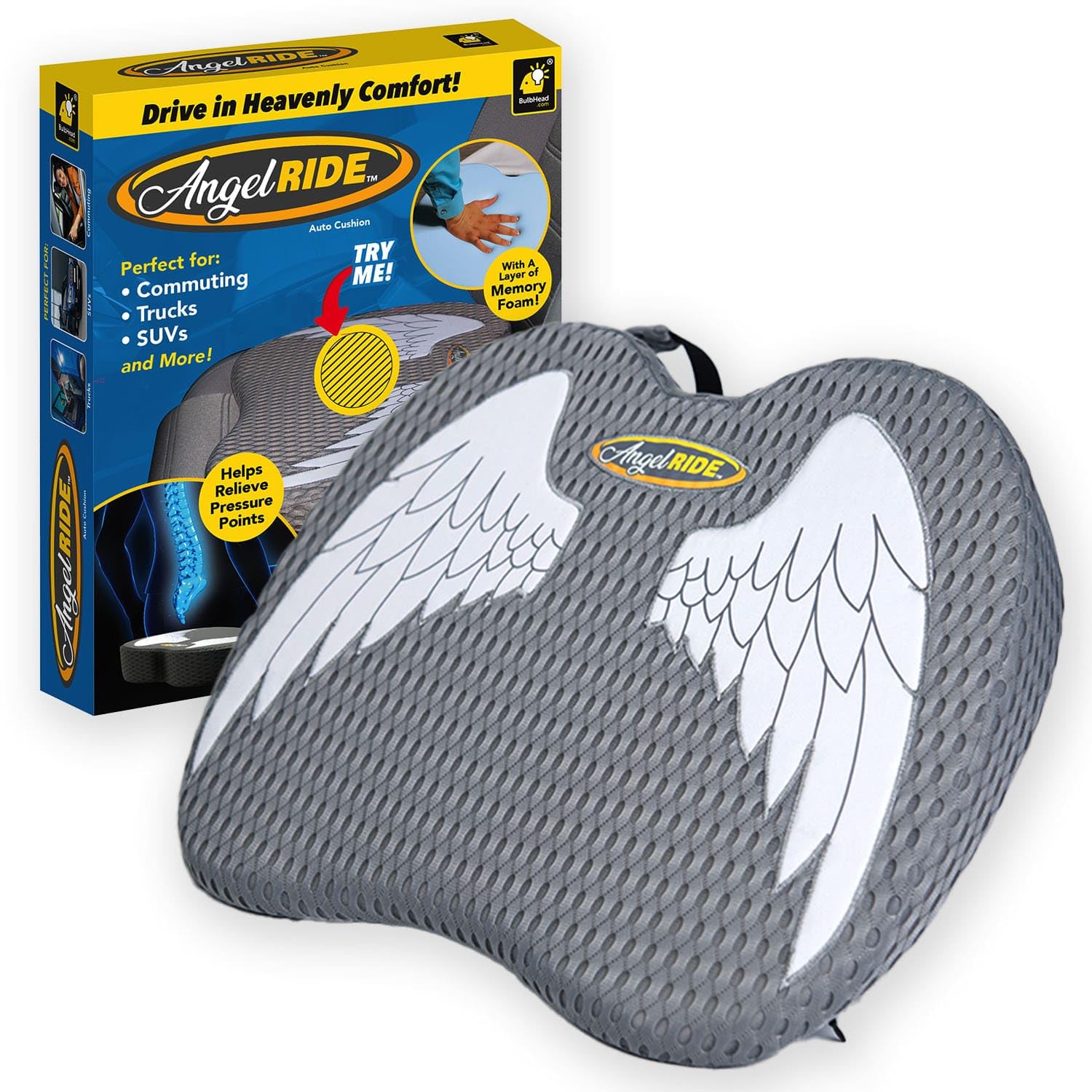Angel Ride Auto Cushion With Memory Foam, As-Seen-On-Tv, Advanced Lumbar Helps Relieve Pressure Points, Molds To Any Body, Drive
