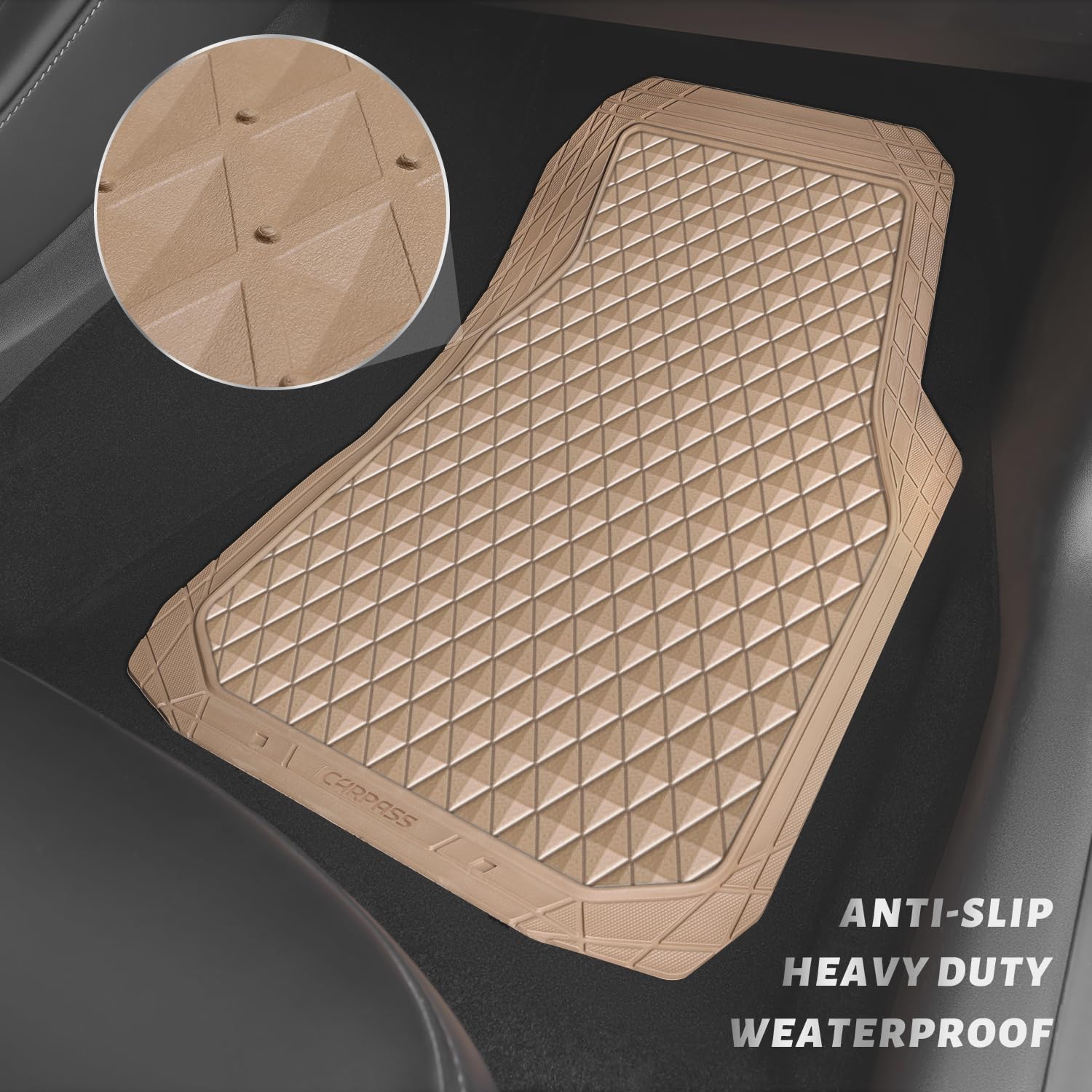 CAR PASS Beige Rubber Car Mats, All-Weather Floor Mats Full Set Durable Anti-Slip 3D Rhombus Waterproof Automotive Pad Trim to F