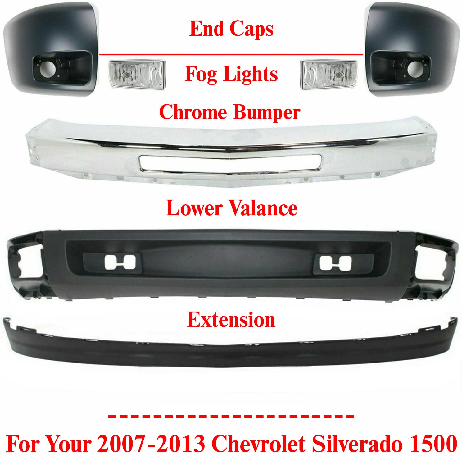 US AUTO PARTS PLUS New Front Bumper Chrome Steel + Lower Valance + Extension Textured + Bumper Ends Primed + Fog Lights Right &