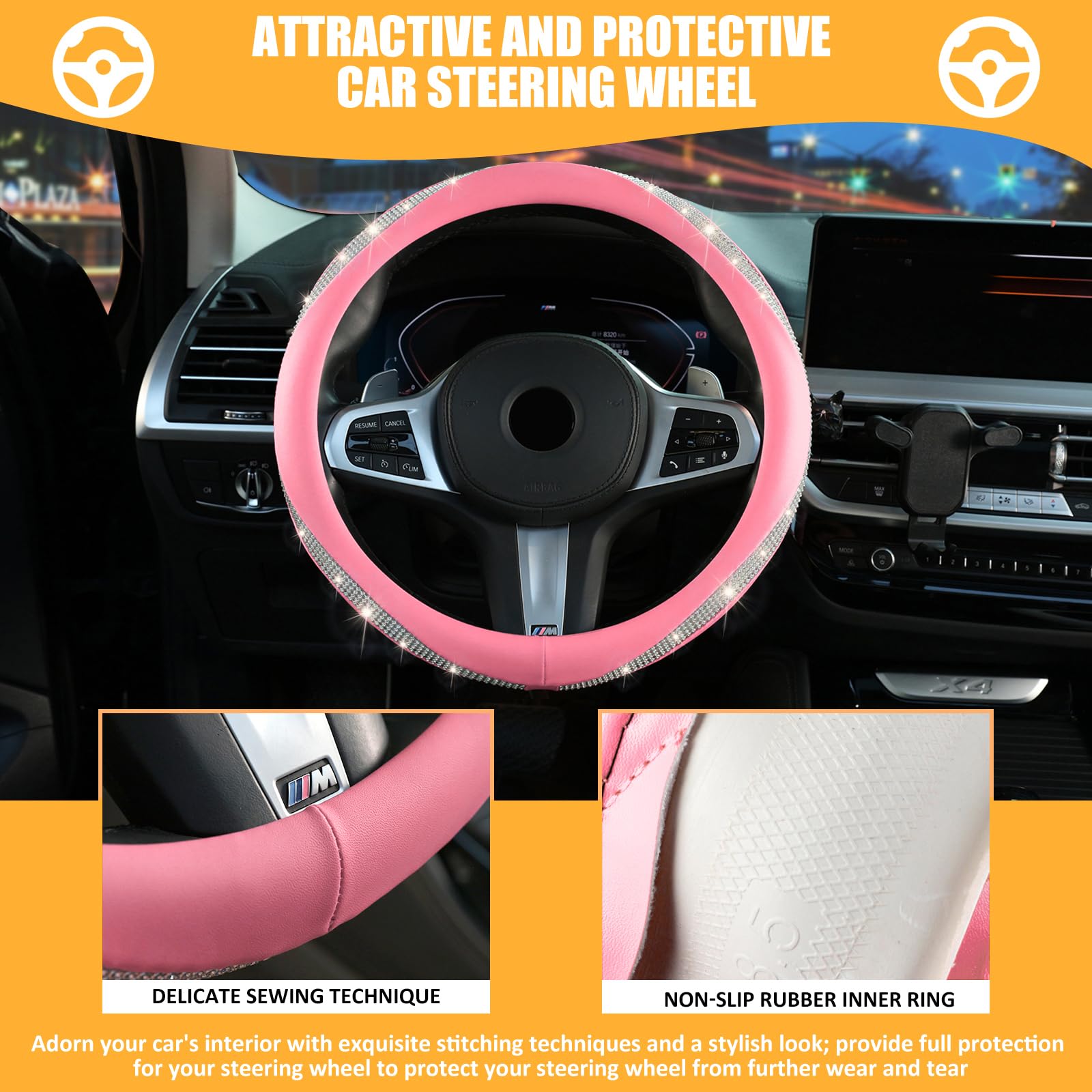 New Diamond Leather Steering Wheel Cover with Bling Crystal Rhinestone, Delicate and Anti-Slip Sparkly ,Adaptable to 14.5-15 inc