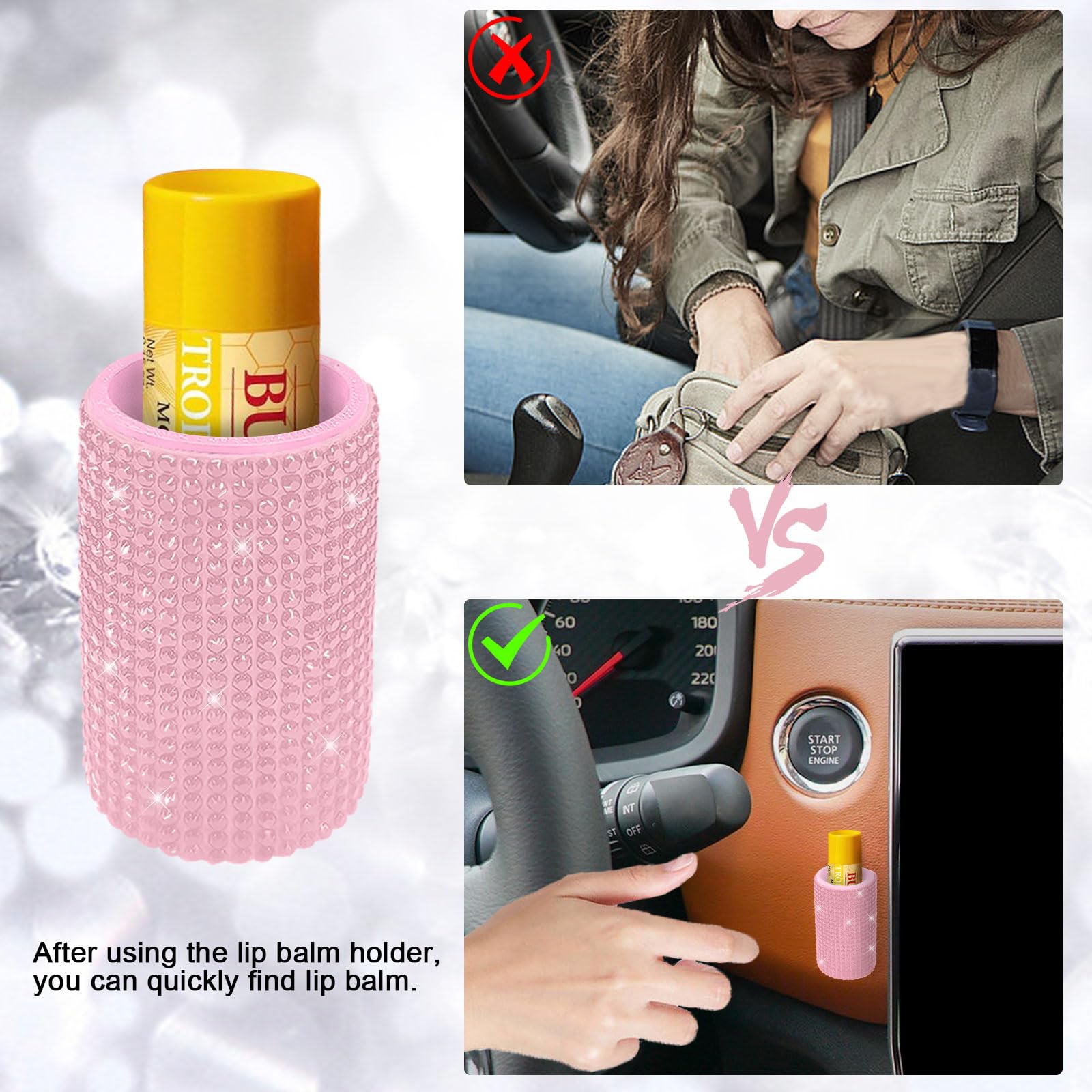 xbrtaia 1 Pack Upright Car Chapstick Holder, Bling Insulating Lip Balm Holder,Rhinestone Car Accessories for Women Interior,Suit