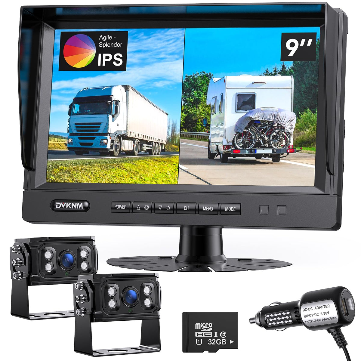 Dvknm Ultimate 9'' Ahd Ips Monitor 1080P Hd Dvr Recording Dual Split Backup Camera Complete Kit For Car Truck Rv Ip69 Waterproof