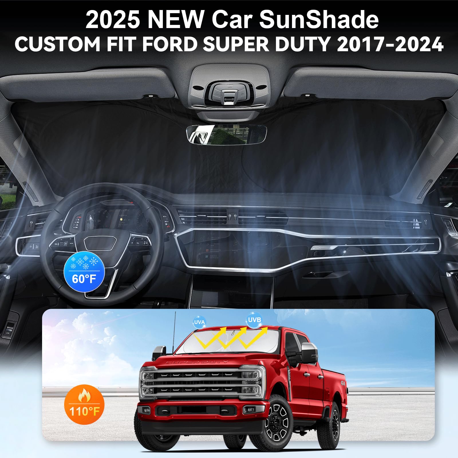 BOODANCARS Windshield Sun Shade for Ford F350/F250/F450/F550 2017-2025, Red, 210T Titanium Silver Polyester, UV Protection