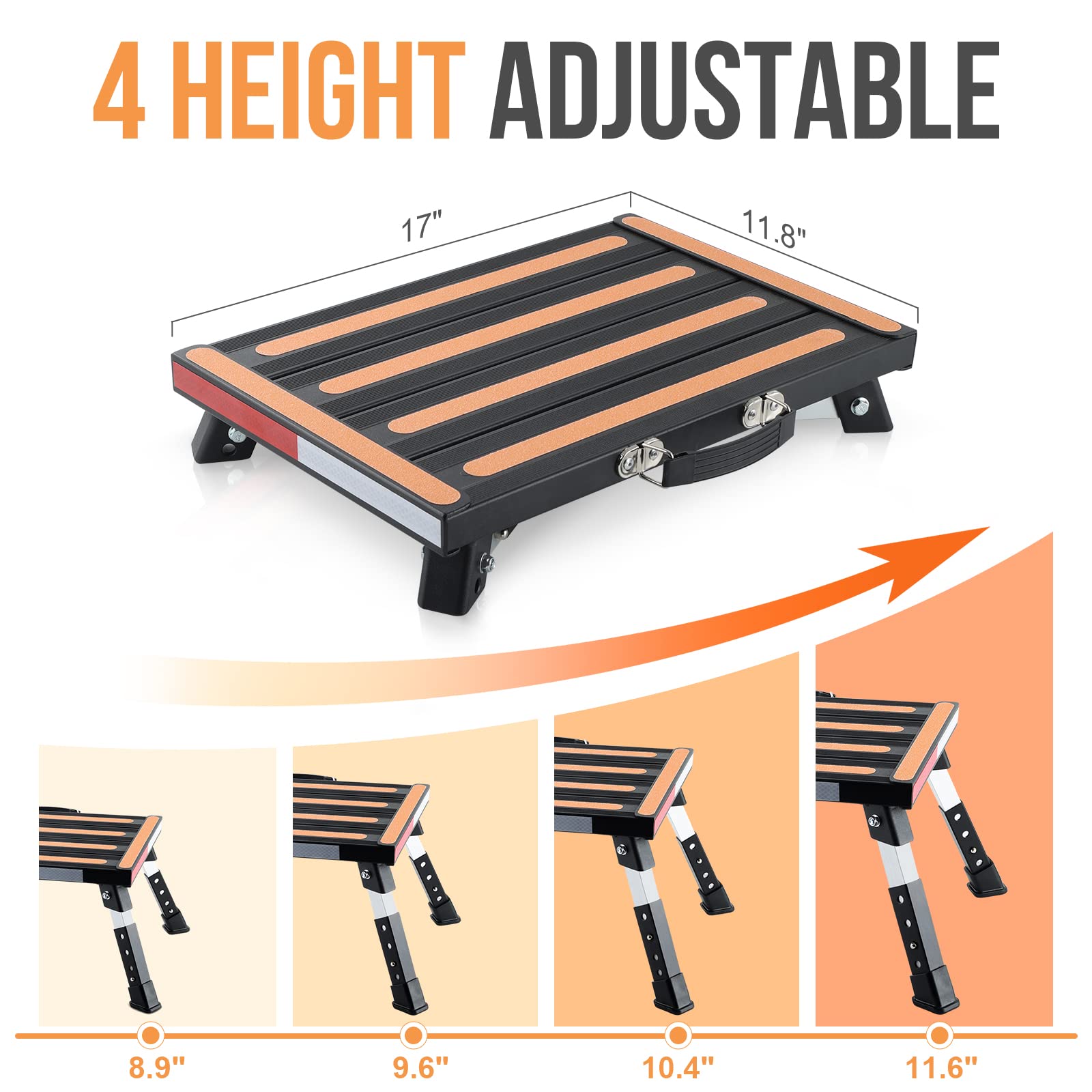 Yagud Safety RV Steps - Height Adjustable Aluminum Folding Platform Step, 17"x12" Anti-Slip Surface, Supports 1000lbs, Black