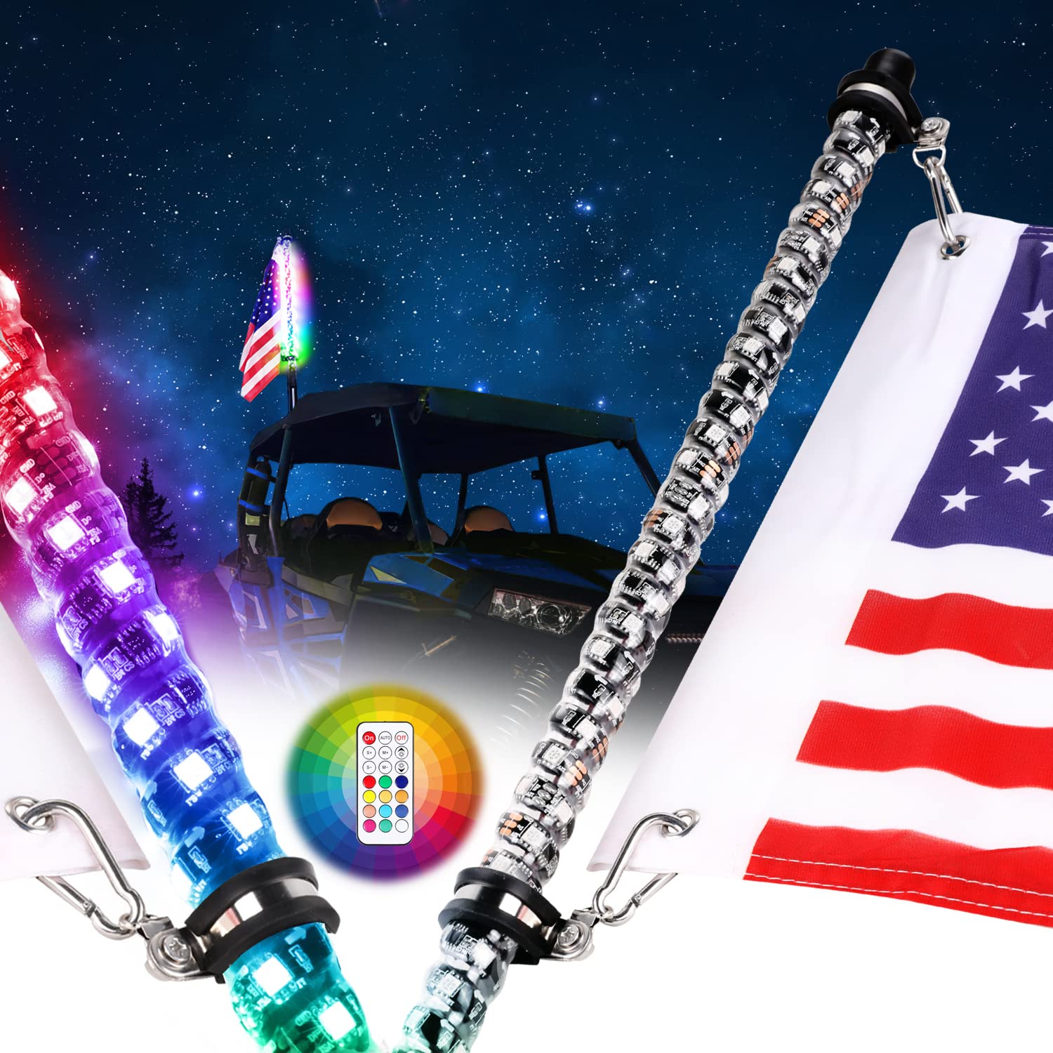 Nirider 2Ft Led Whip Lights With Flag Pole Remote Control Spiral Rgb Chase Light Offroad Warning Lighted Antenna Led Whips For U