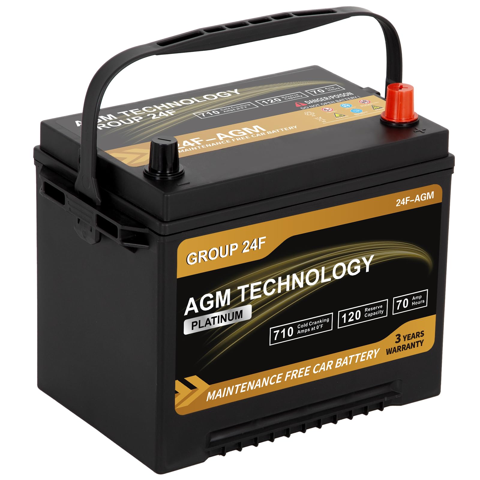 Daakmax Platinum AGM Car Battery Group Size 24F, 12V 70Ah, 710 CCA, 120 RC, Rechargeable Start-Stop Automotive Battery with 36-M