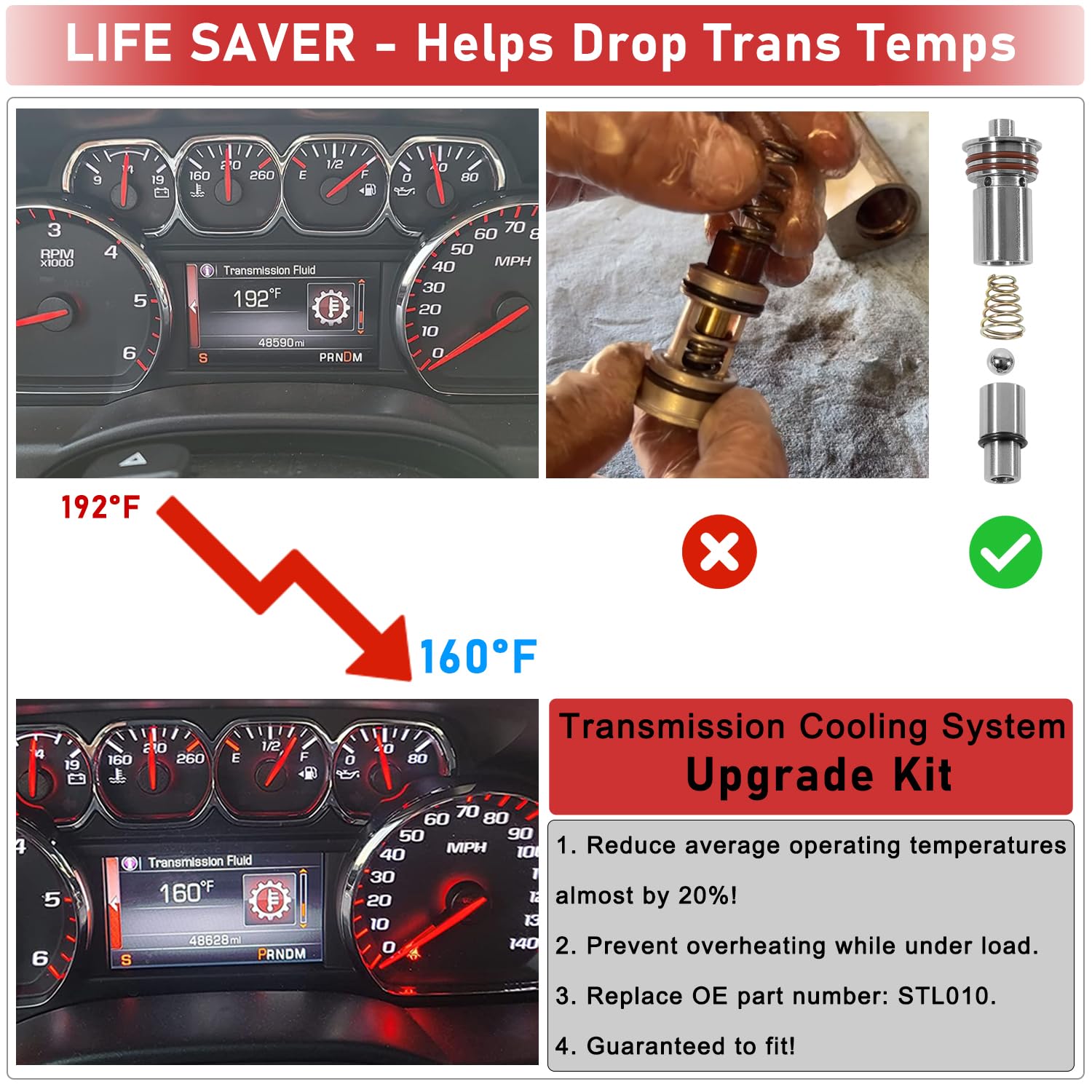 Stl010 Cooler Flow Bypass Valve Kit Upgrade For Cadillac Chevy Gmc Transmission 2014-Up Gm 6L80 6L90, 2016-Up 8L90 8L80 8L90E 10L90, Transmission Cooling System Upgrade Kit