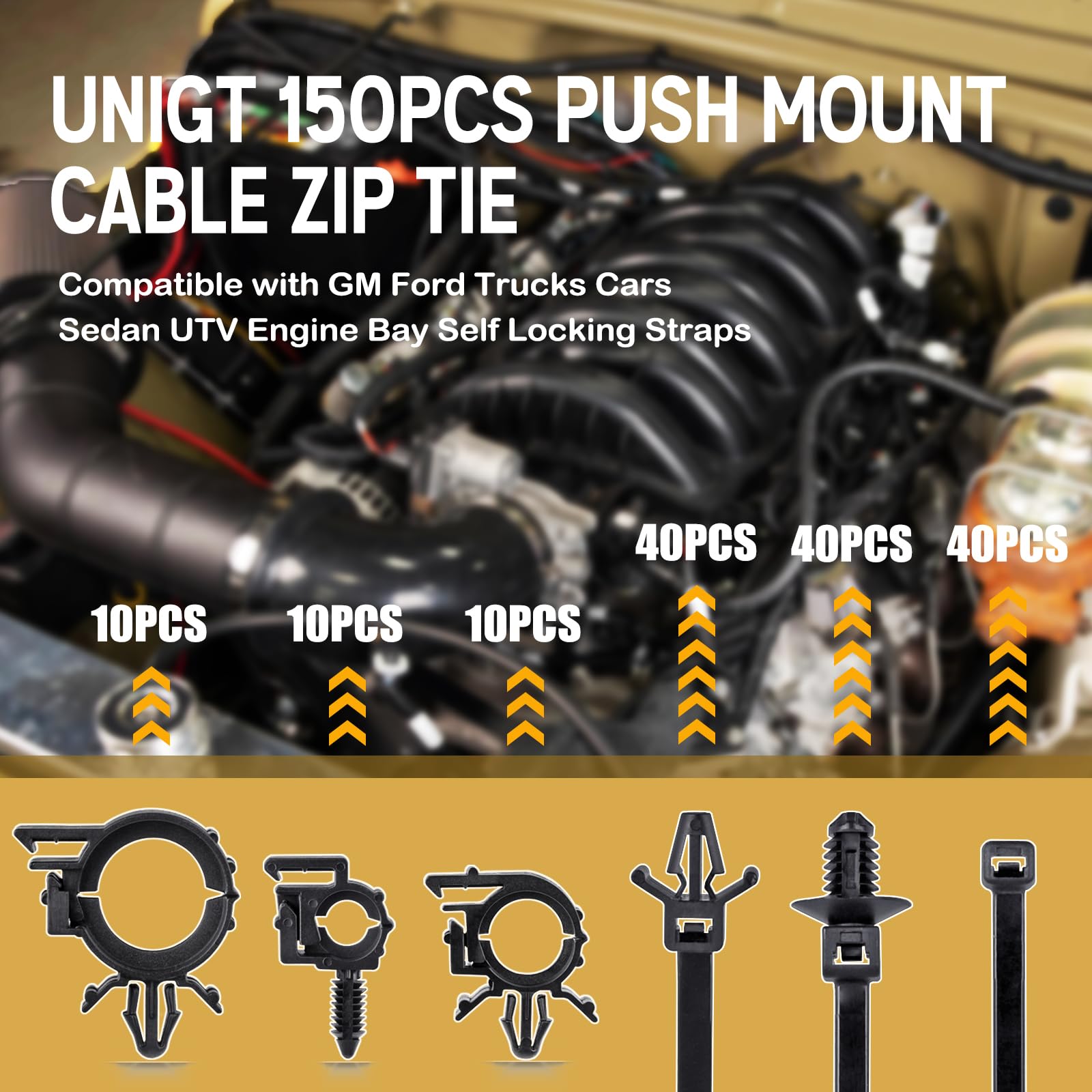 UNIGT 150pcs Push Mount Cable Zip Tie with Car Wire Loom Routing Clips, Universal Compatible with GM Ford Trucks Cars Sedan UTV