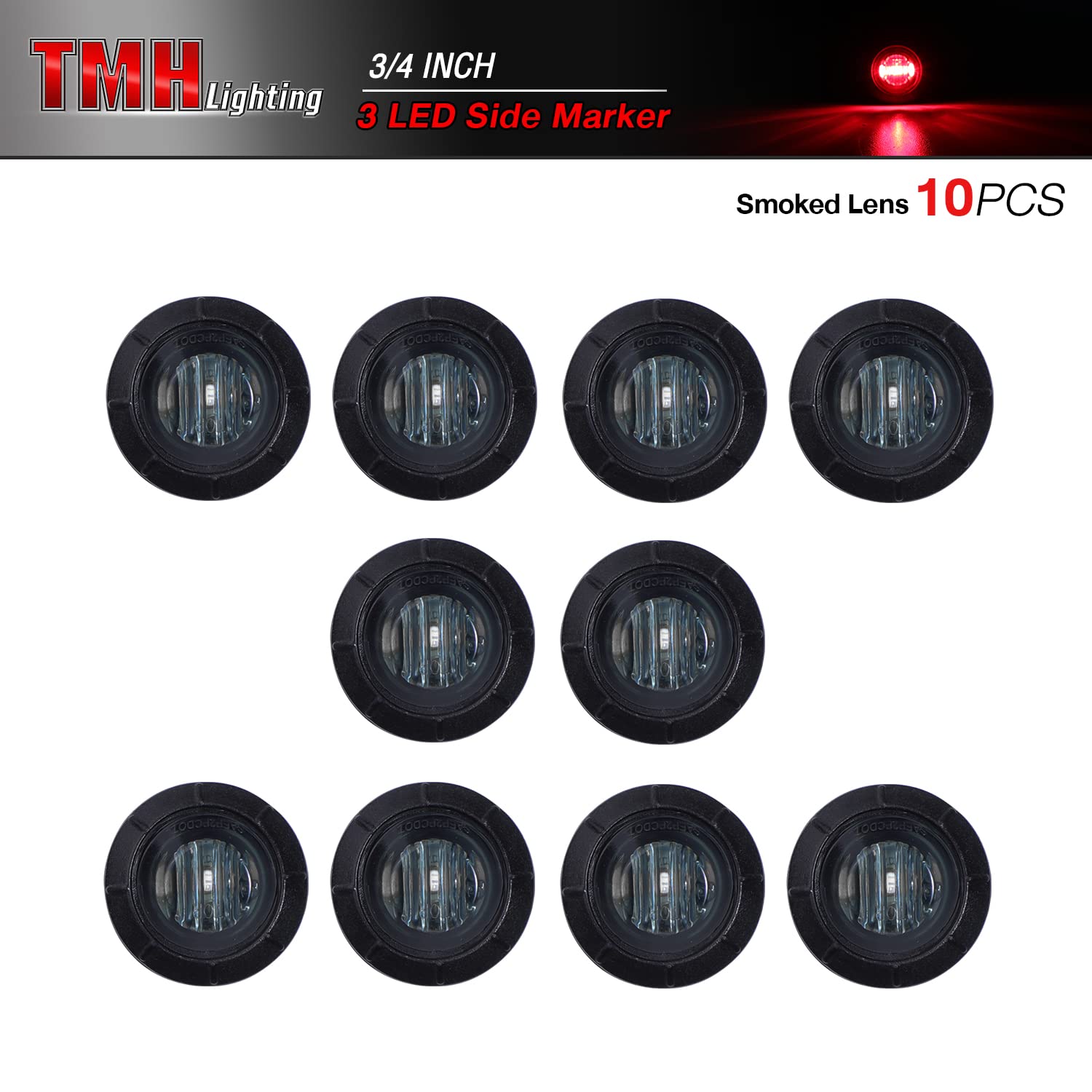 Tmh 10 Pcs 3/4 Inch Smoked Lens Red 3 Led Mini Round Miniature Side Marker Indicator Lights With Rubber Fit For Trailer Pickup T