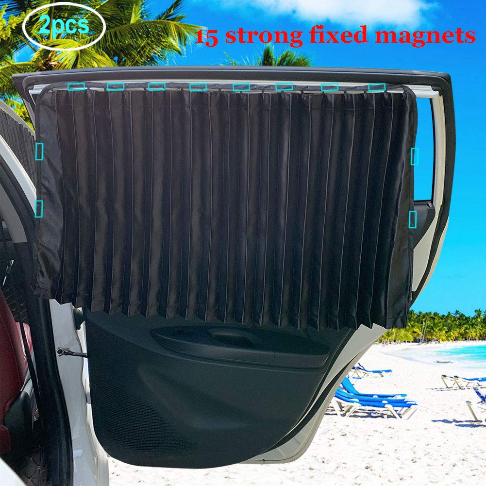 Ovege Car Window Shade -Car Side Window Sun Shade Car Curtain Pleated Silky Uv Protection Privacy Baby Suction Magnetic(Black-Opaque, Back Seat 2Pcs)
