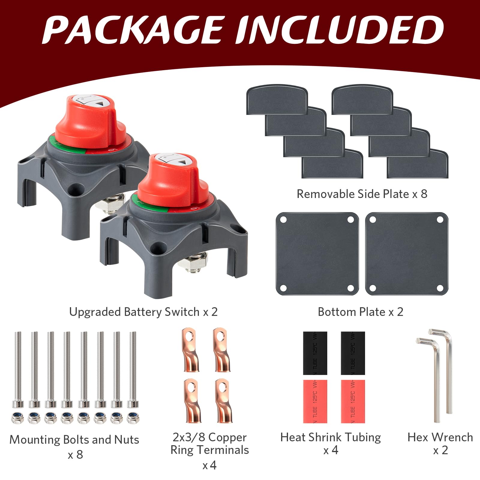 Battery Disconnect Switch, 12V-48V Battery Cut Off Switch (On/Off) for Marine, Boat, Camper, RV, Truck, Trailer Vehicles (2 Pack
