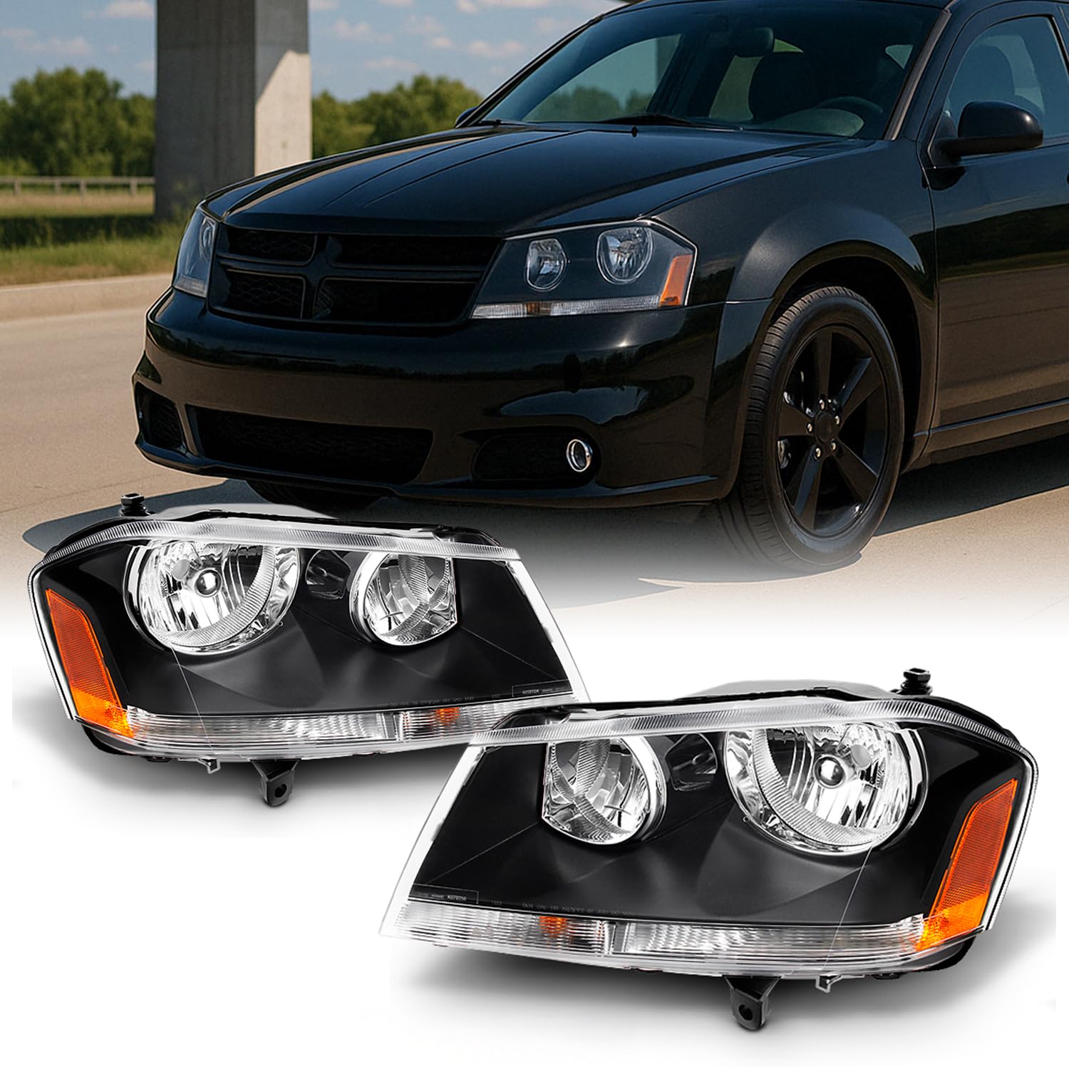 Akkon - For 08-14 Dodge Avenger Oe Replacement Black Bezel Headlights Driver/Passenger Head Lamps Pair Replacement