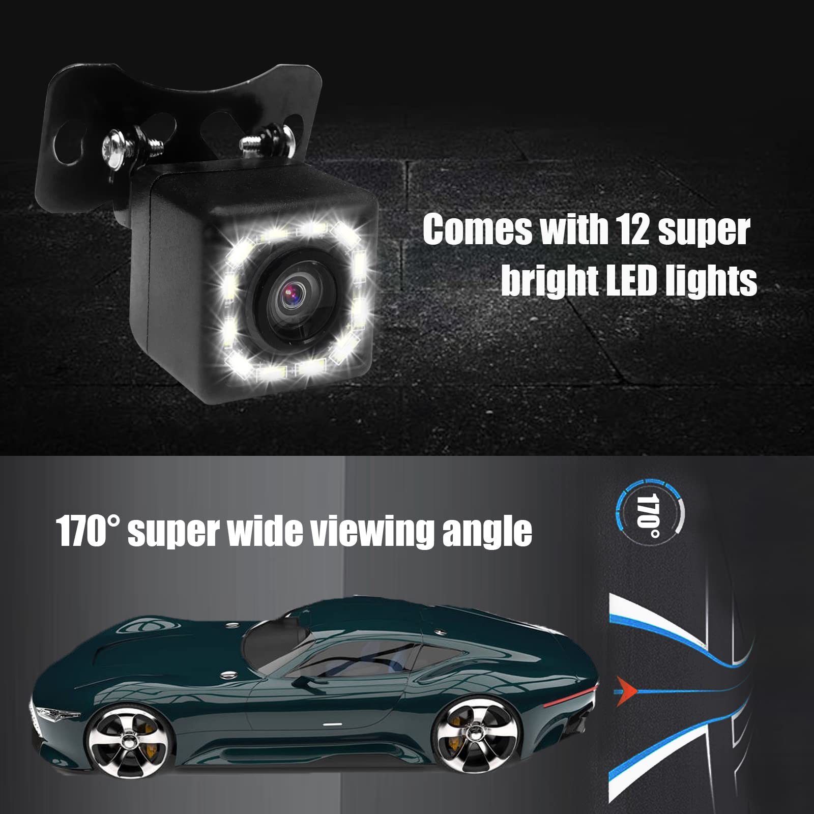 Quicto Car Backup Camera, Waterproof Ultra Hd 12 Led Night Vision Rear View Camera, 170 Wide View Angle Long License Plate Frame