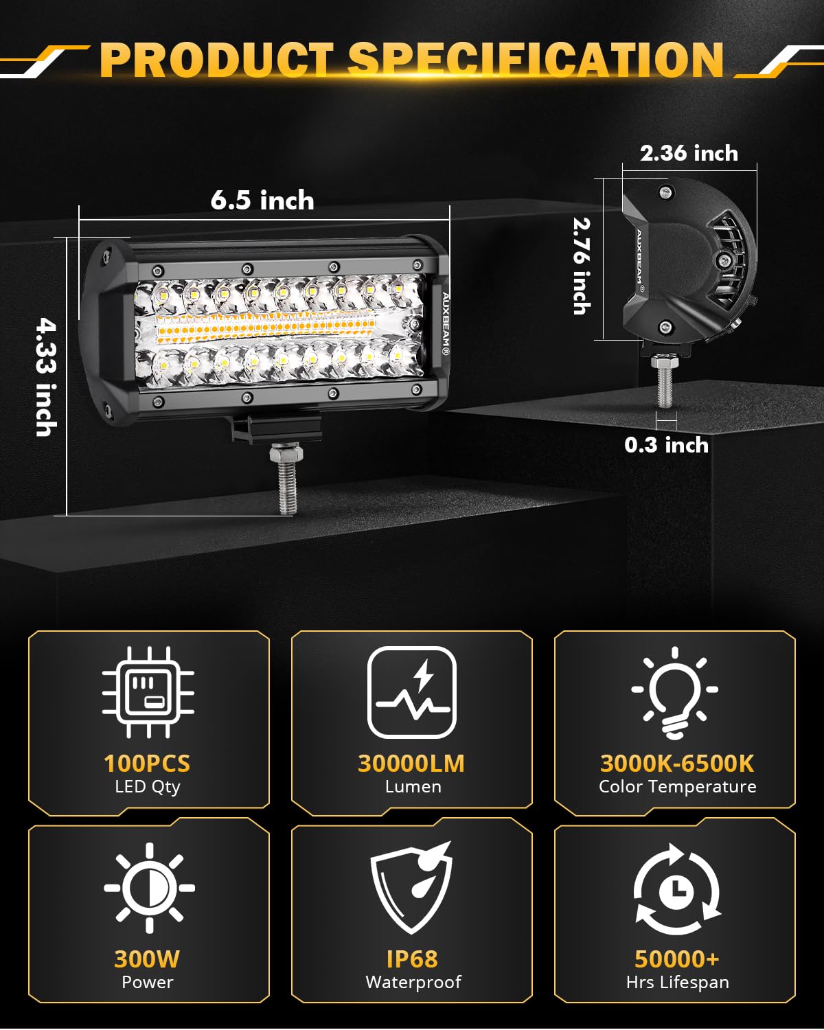 Auxbeam 7 Inch 300W Led Light Bar, 6 Modes Strobe Amber Pod Lights Yellow Fog Light Dual Color Spot Flood Offroad Driving Lights