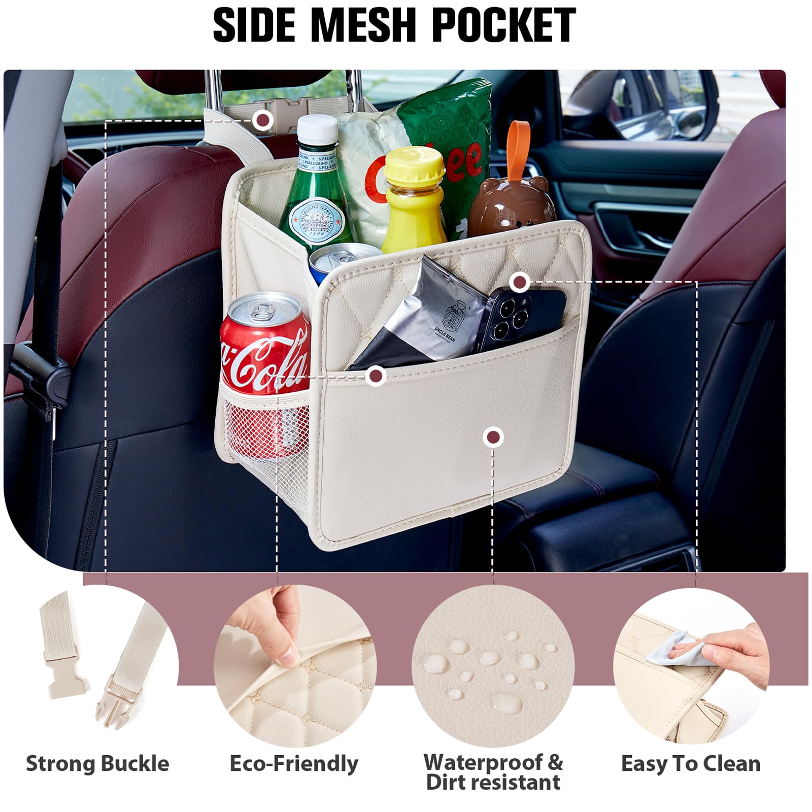 Lxunyi Universal Multifunctional Large Hanging Car Organizer - Beige, Foldable, Leather With Cup Holders, Back Seat Storage Bag