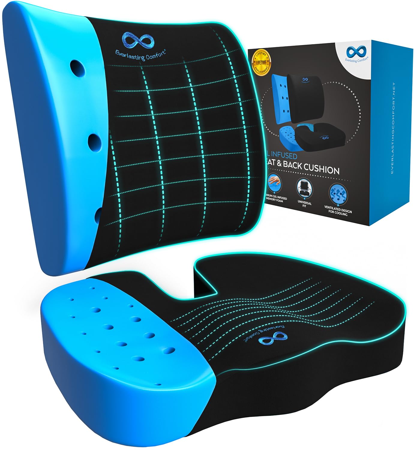 Everlasting Comfort Lumbar Support & Office Chair Cushion Combo - Gel Memory Foam Chair Cushions For Desk, Car Seat, Travel - Ba