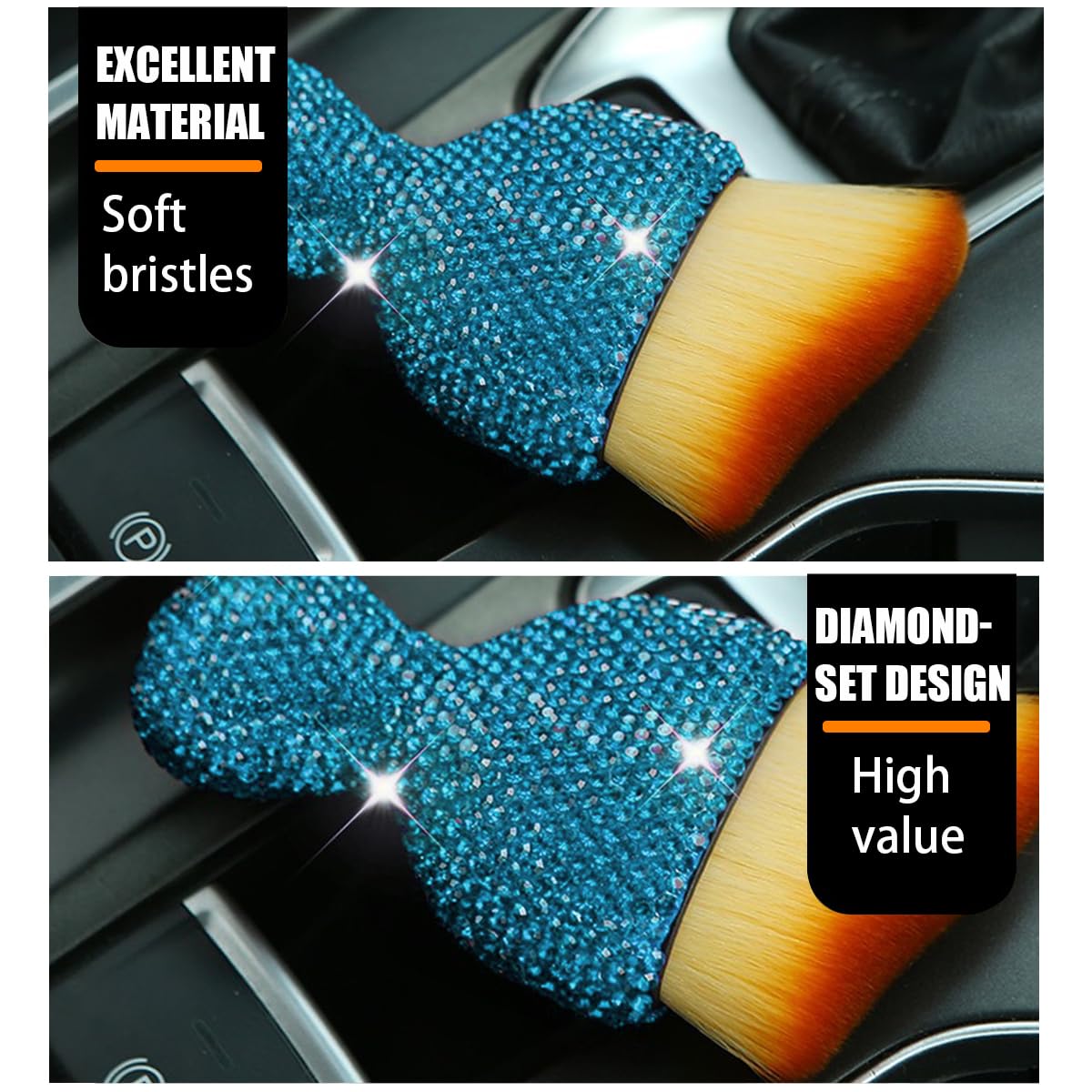 Zipelo Auto Interior Dust Brush, Car Detailing Cleaner Brush With Diamond, Bling Handle Soft Bristle Dusting Tool, Scratch Free