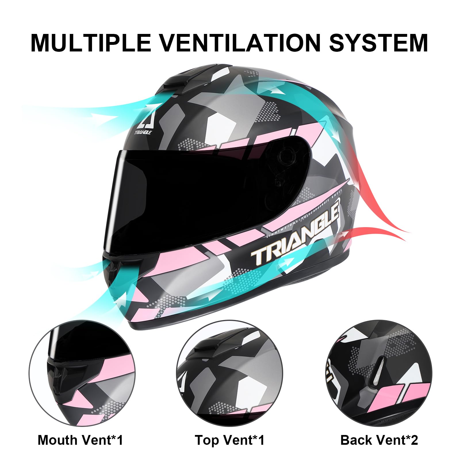 Triangle Motorcycle Helmets Full Face Helmet For Adult Men Women With Tinted And Clear Visor Dot Approved (Pink, Large)