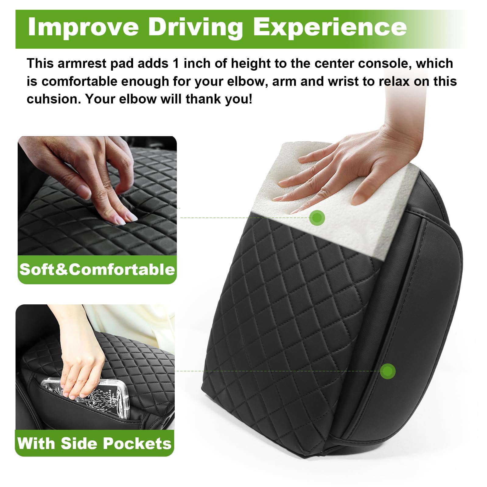 Armrest Cover for Jeep Wrangler Center Console Pad with Organizer Storage Pockets, Black Faux Leather Arm Rest Lid Protector Cus