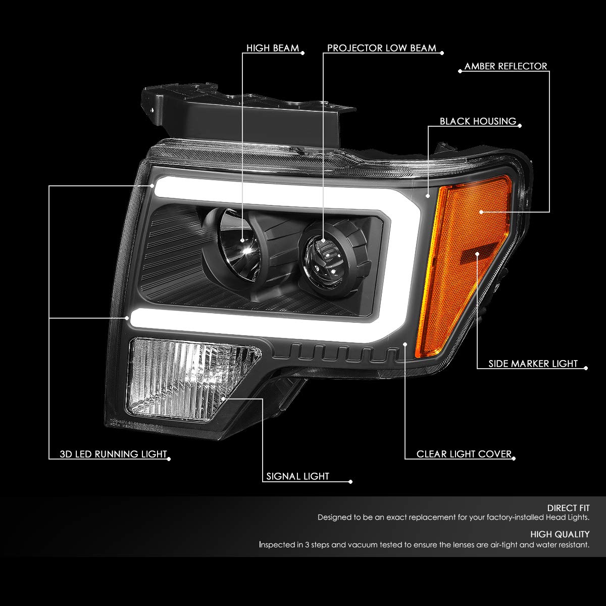 Dna Motoring Hl-Lb-F15009-Bk-Am Pair Led Drl Projector Headlight Lamp Replacement For 09-14 F-150, Black/Amber