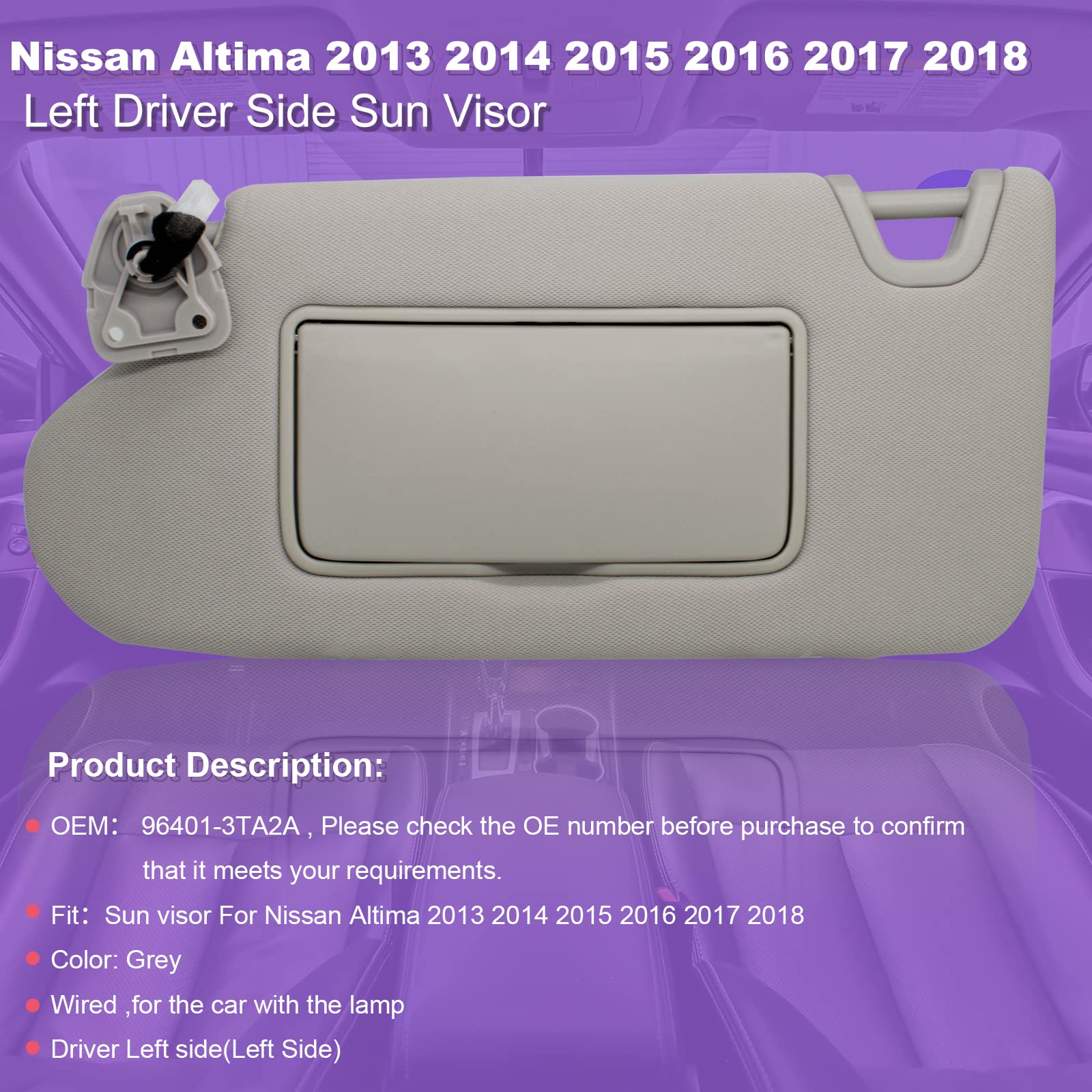 Nhiles Left Driver Side Sun Visor Compatible With Nissan Altima 2013 2014 2015 2016 2017 2018 With Light, Without Sunroof 96401-3Ta2A Color Gray