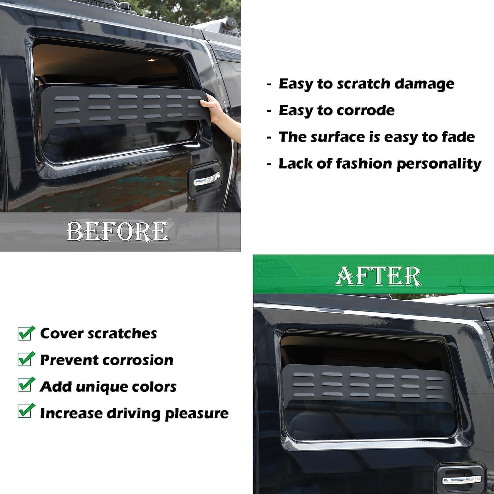 PIUGILH Car Rear Side Window Louvers for Hummer H2 (2003-2009) | Aluminum Alloy Trim Panel Cover, 2Pcs, Black
