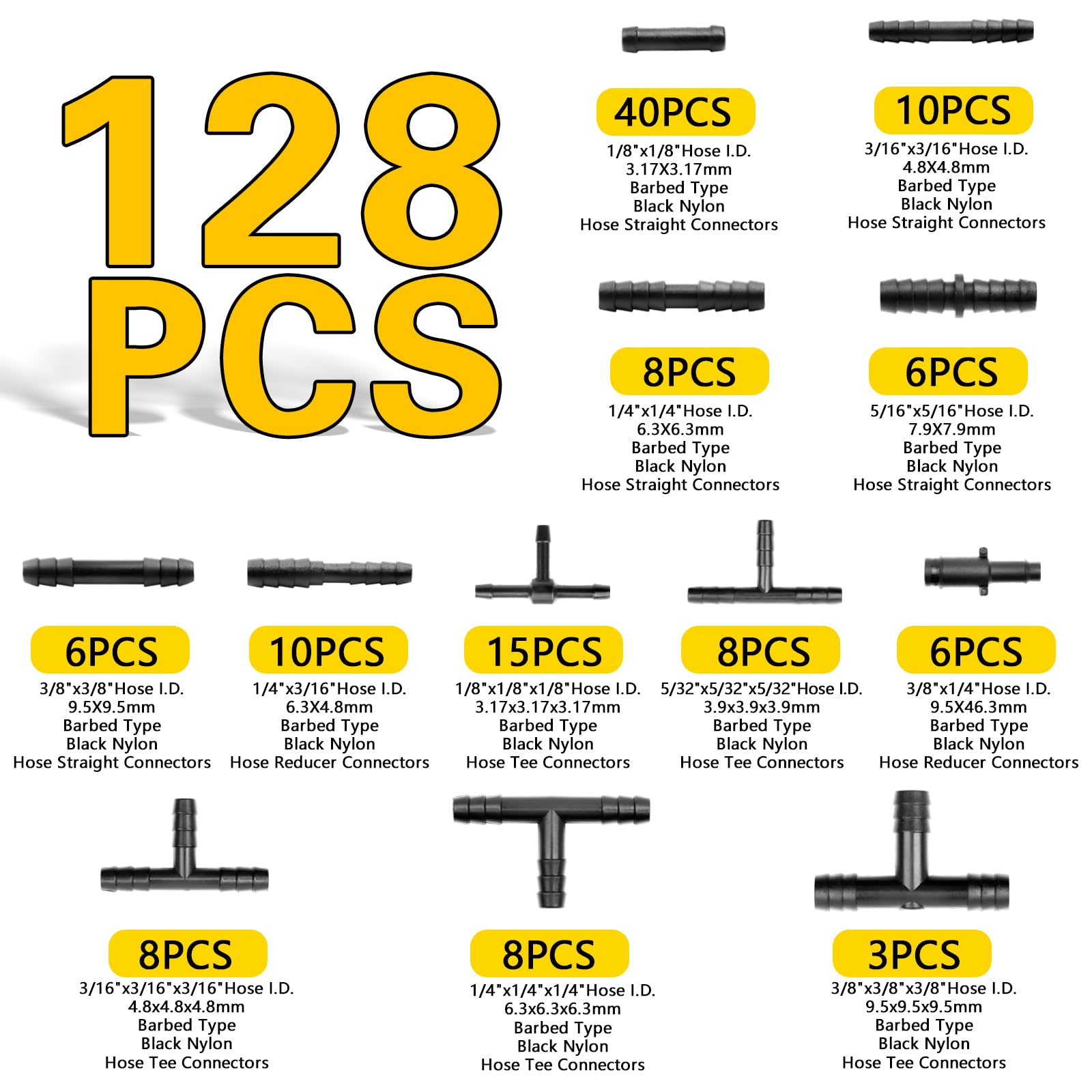 Shineyoo Silicone Vacuum Tubing Hose 6.6 Ft 6Pcs With Vacuum Connector 12 Sizes 128Pcs, 1/8'' 5/32'' 3/16'' 1/4'' 5/16'' 3/8'' I