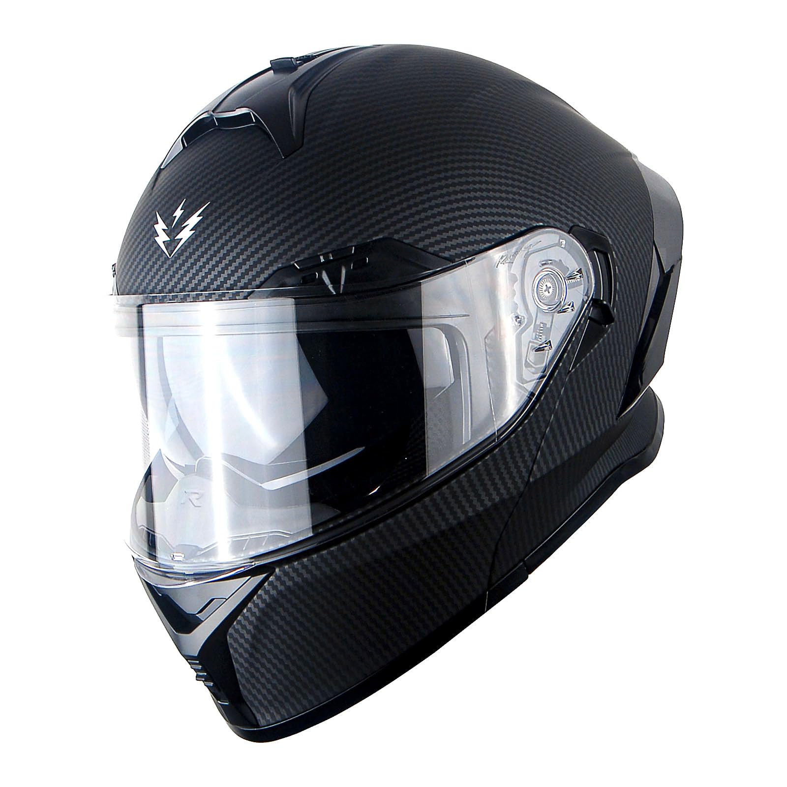 1Storm New Motorcycle Bike Modular Full Face Helmet Dual Visor Sun Shield with Rechargeable LED Tail Light: LED-X90 Carbon Fiber