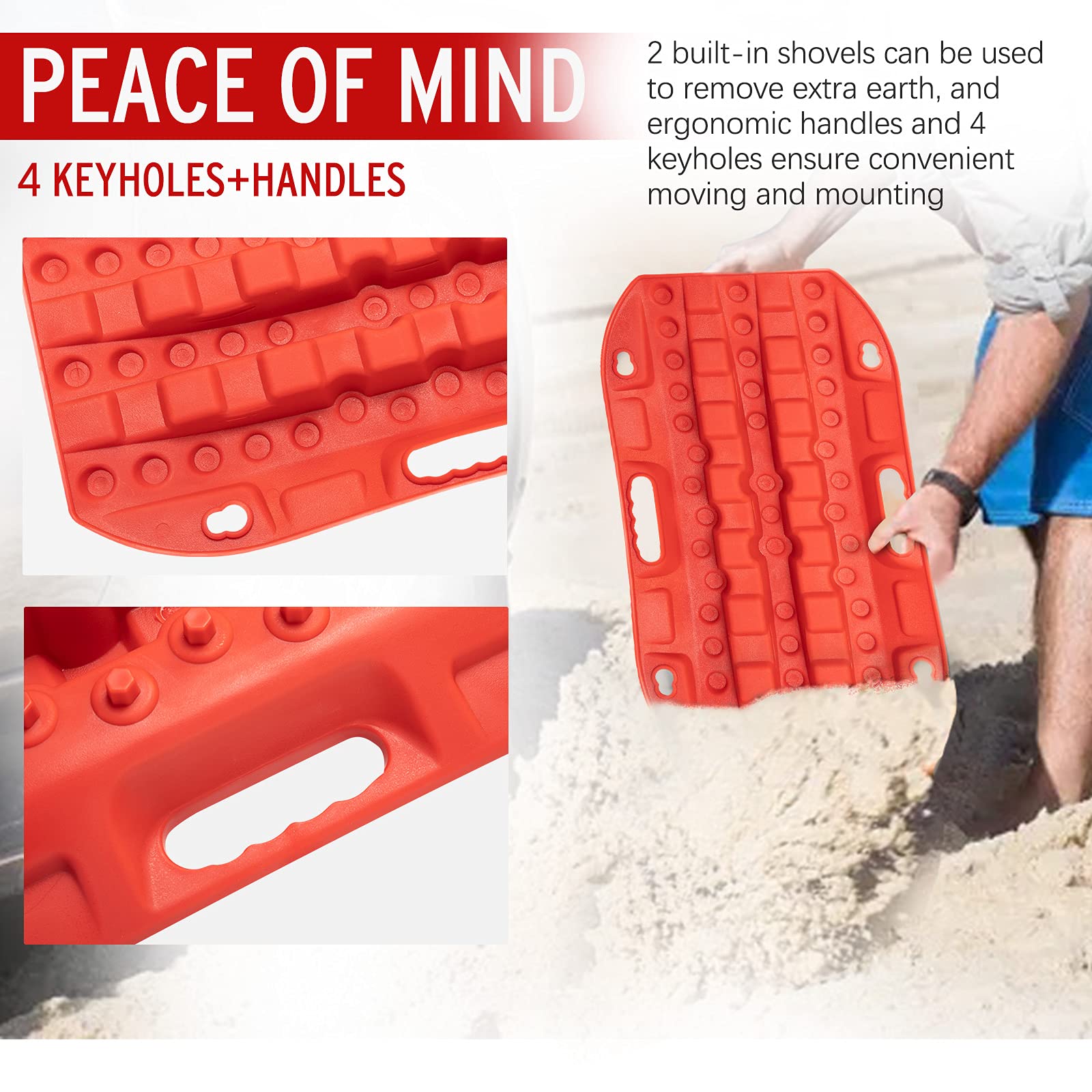 Bunker Indust Off Road Traction Boads, 2 Pcs Short Recovery Track Traction Mats For 4Wd Mud, Sand, Snow Ramps-Red Tire Traction