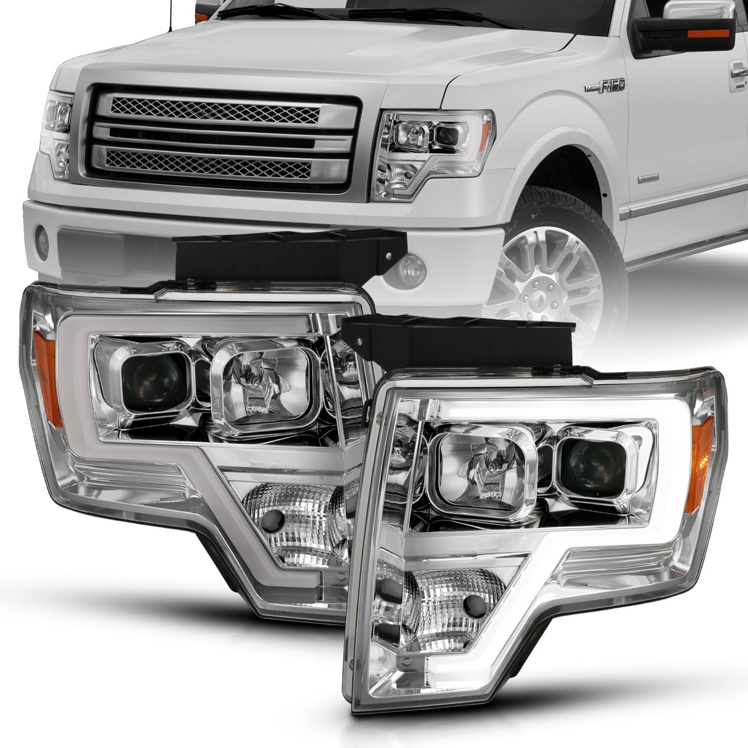 Amerilite For 2009-2014 Ford F150 Truck Led Bar Square Projector Chrome Replacement Headlights Set W/Halogen Bulb Socket - Drive