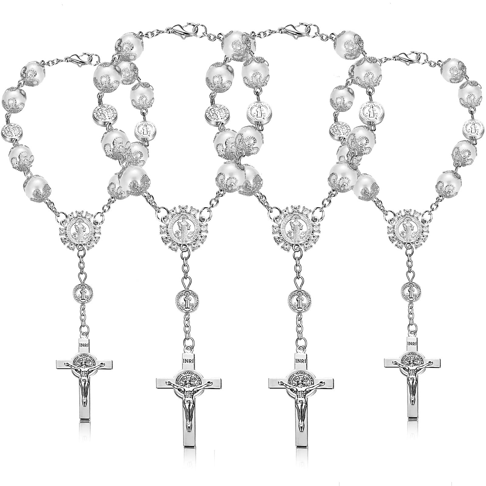 Saint Benedict Car Rosary 4 Pcs White Rearview Mirror Auto Rosary Hanging Personalized Car Cross Blessing Catholic Car Medal For Truck Bike Motorcycle Car Mirror Hanging Accessories Decors