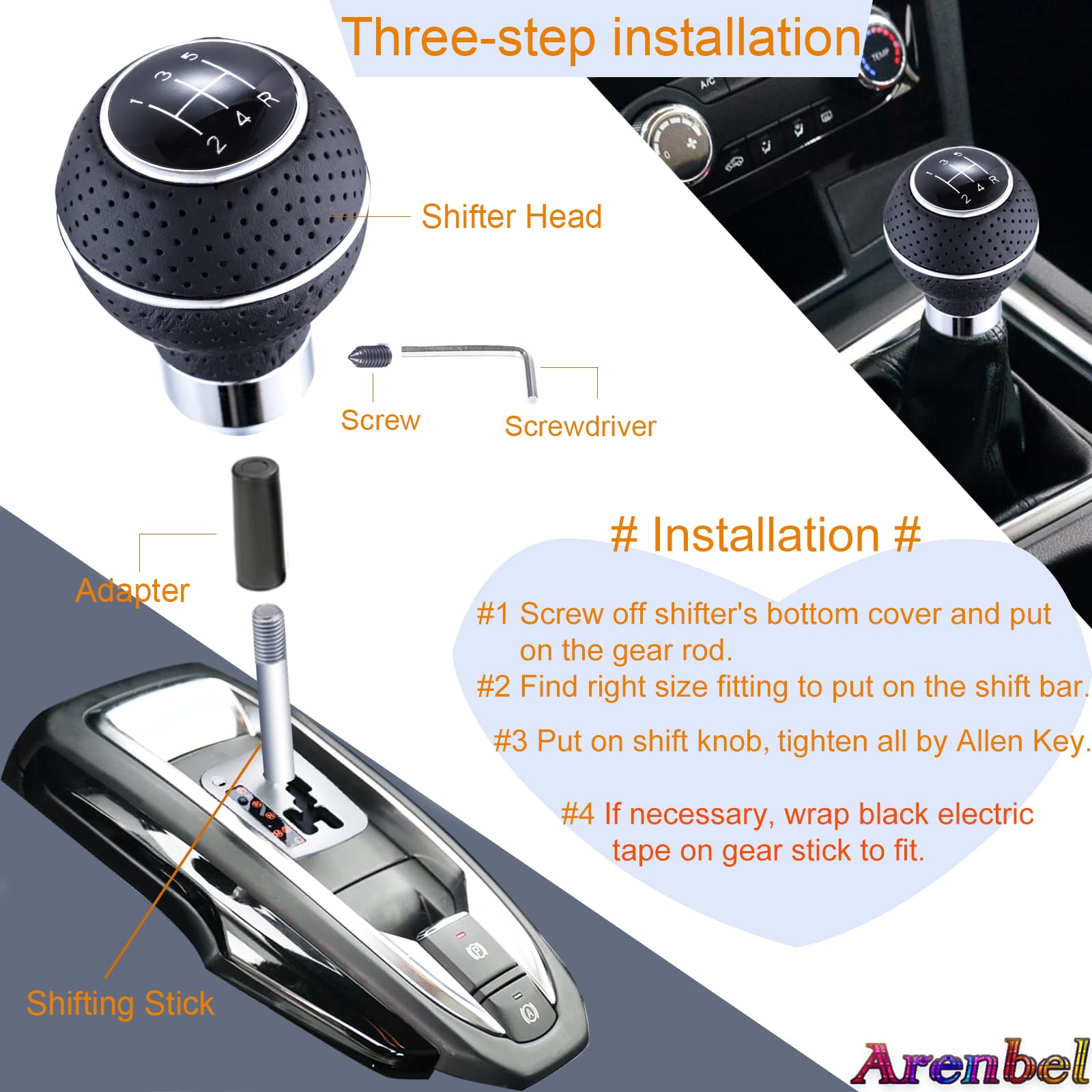 Arenbel 5 Speed Shifter Knobs Car Ball Shift Lever Stick Leather Gear Handle Replacement Fit Most Manual Vehicles, Black