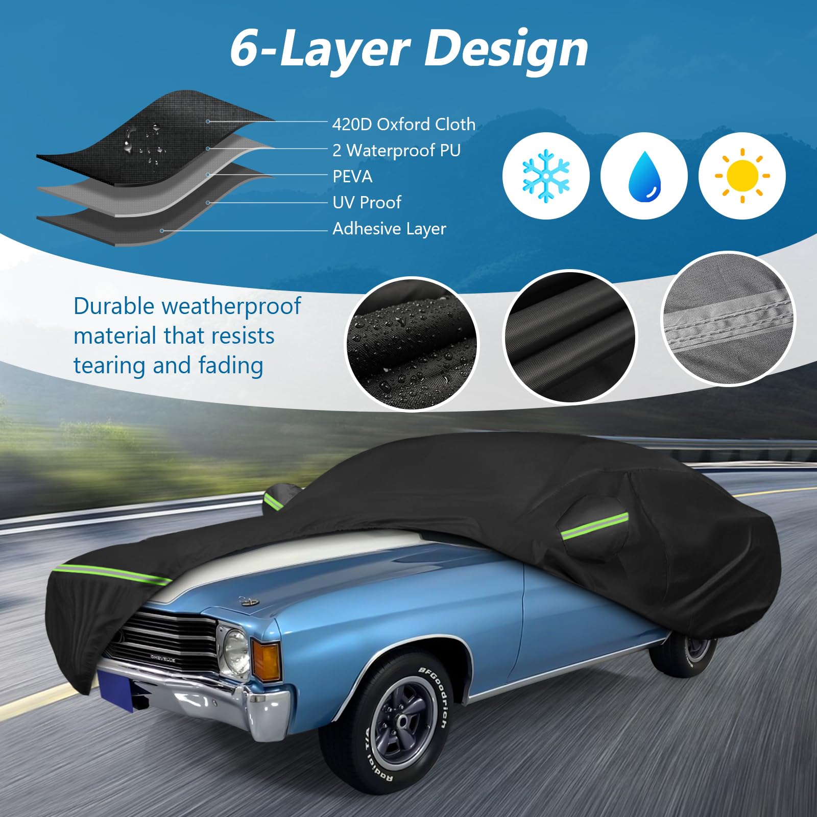 Waterproof Car Covers for Chevrolet Chevelle Malibu SS Sedan/Coupe 1964-1972, 420D Oxford Cloth Sun Heat Protection Outdoor Full